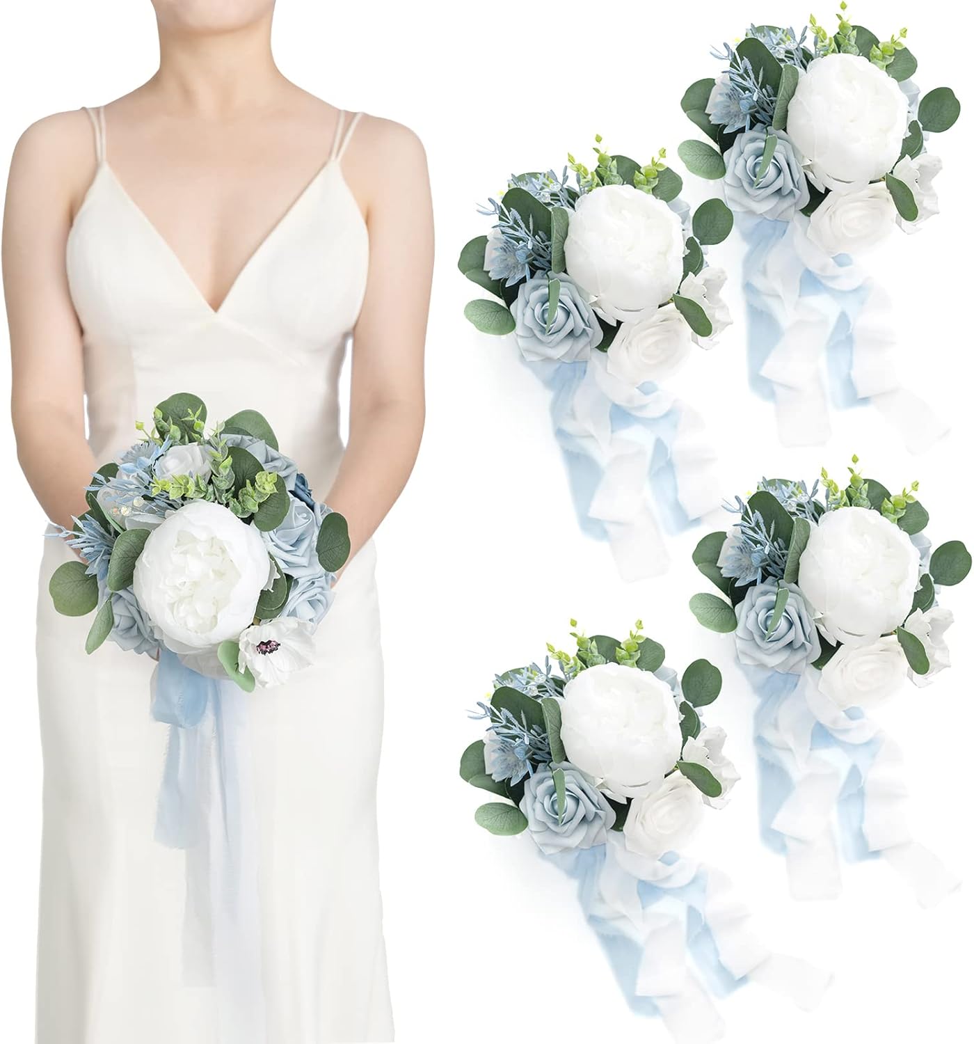 Set of 4 Artificial Bridesmaid Bouquets – Dusty Blue & White Wedding Flower Bouquets with Light Blue Roses and Ribbon, Silk Bridal Party Flowers for Ceremony, Reception & Anniversary, 7-Inch Diameter