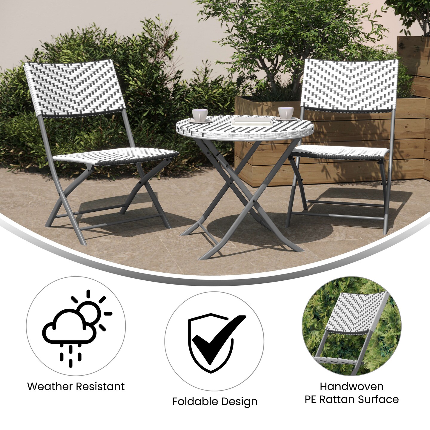 Emma and Oliver Ciel Three Piece Folding Bistro Set in PE Rattan