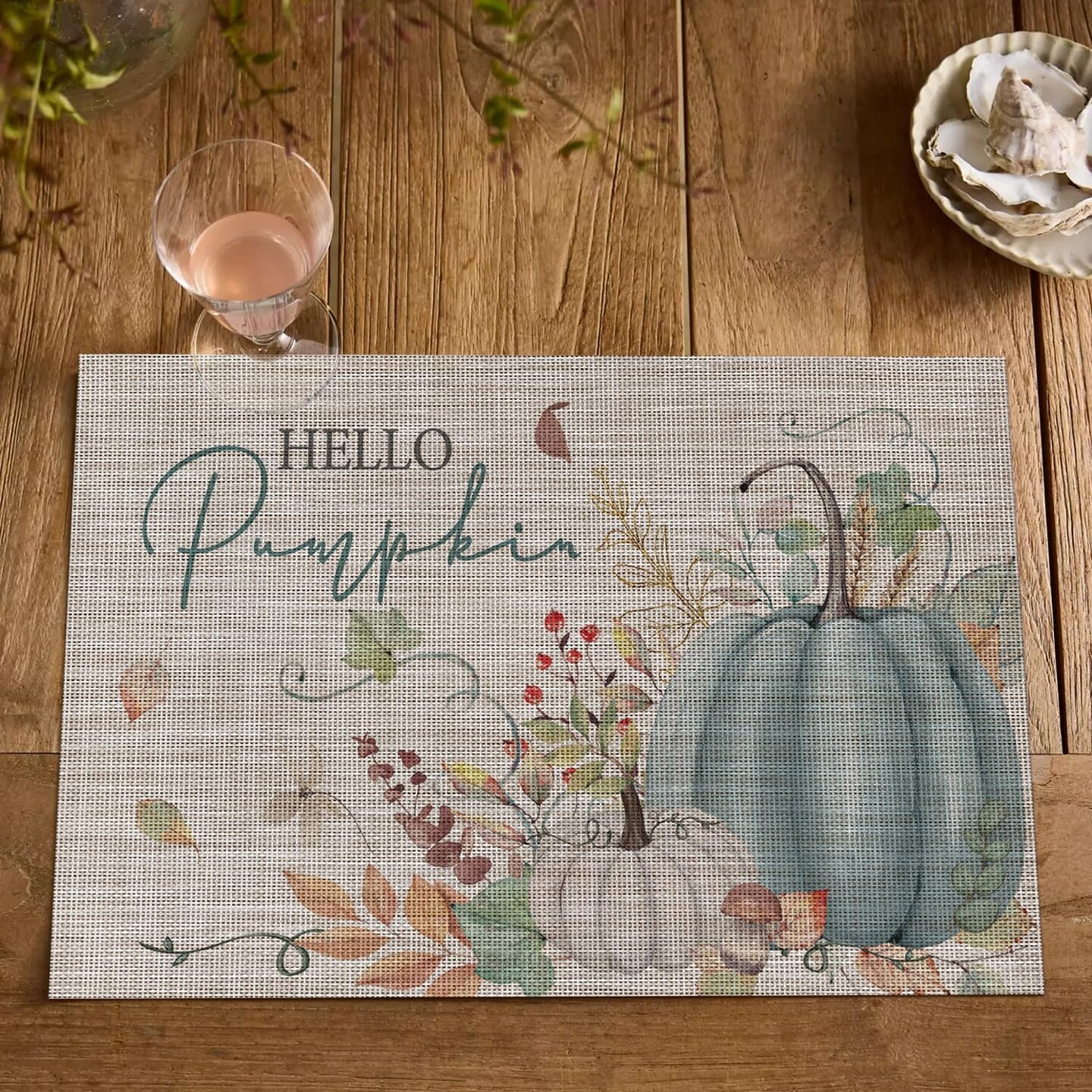 Blue Hello Pumpkin Leaves Fall Vinyl Placemats Set of 4(Blue)