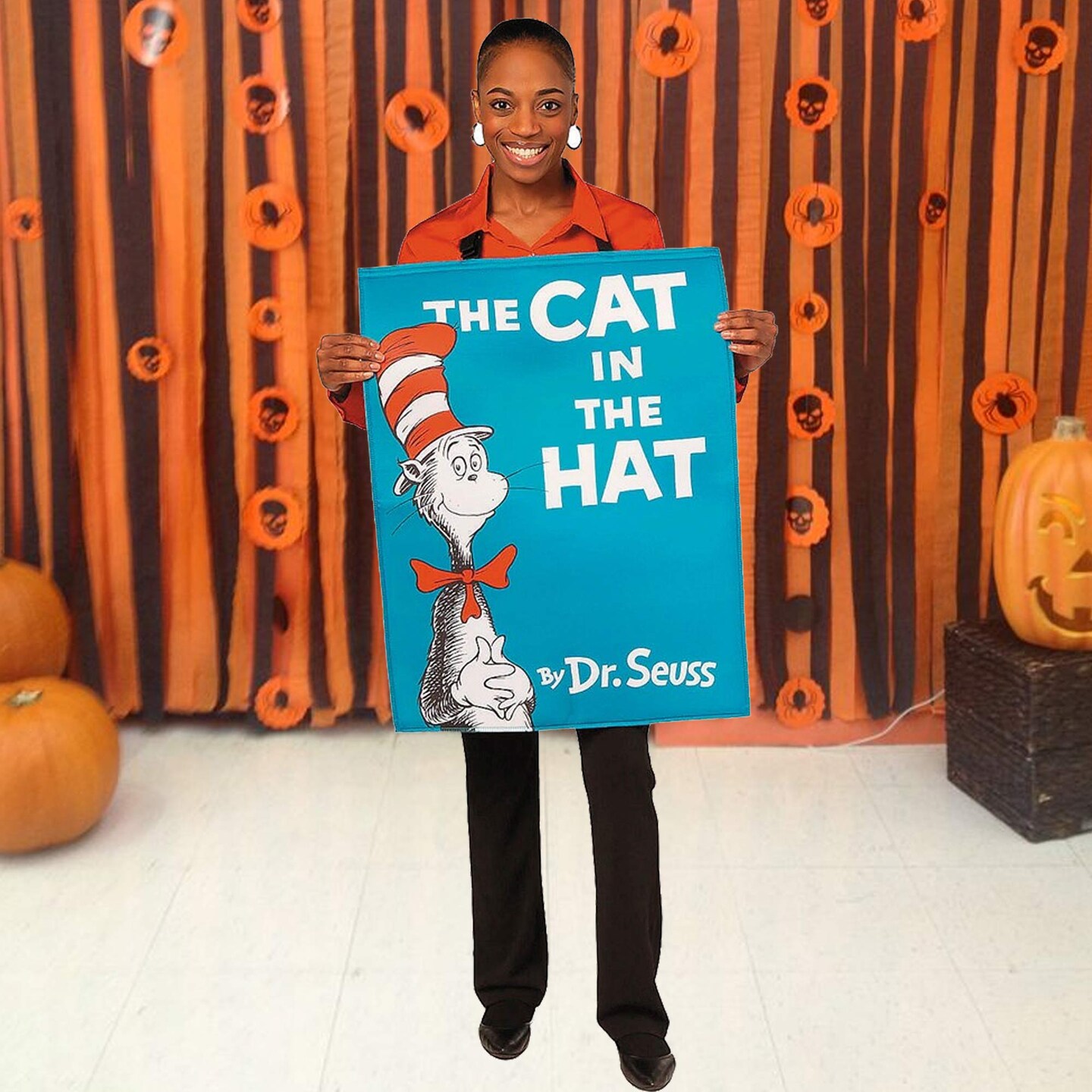 Adults Cat in the Hat Book Cover Costume with Support Pole Perfect for Halloween Parties