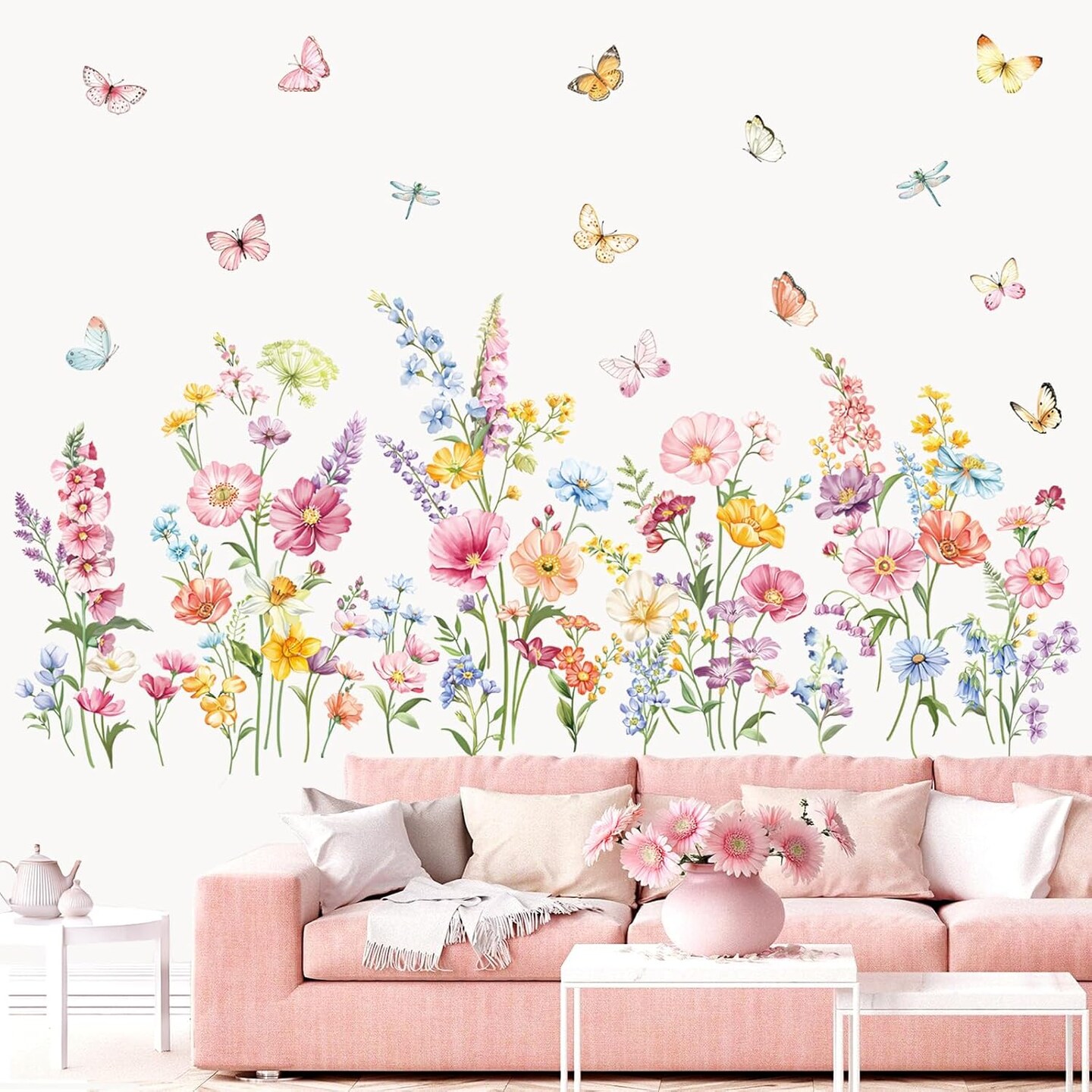 Flower Wall Decals Daisy Wildflower Grass Butterflies Wall Stickers (Multi)
