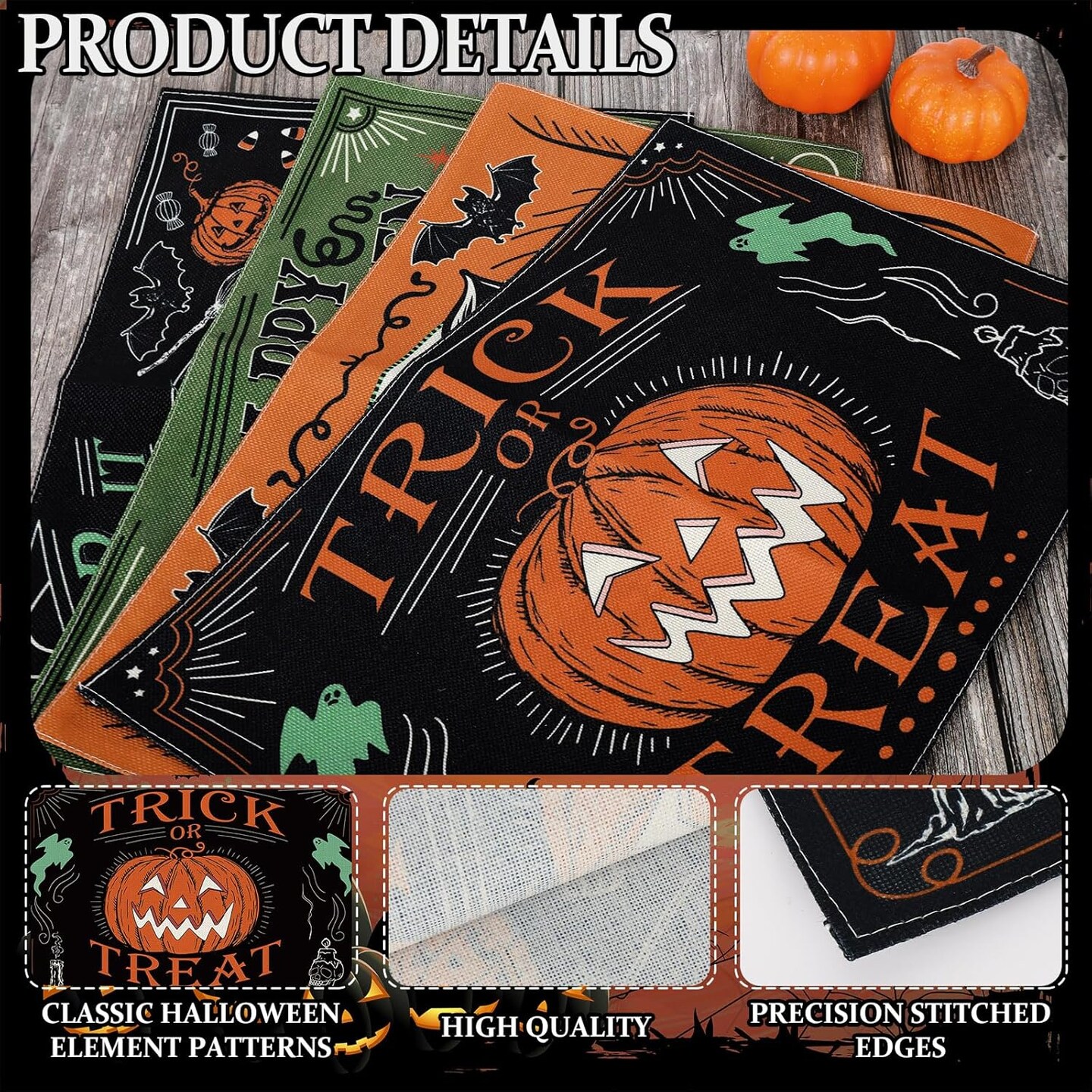 4Pcs Halloween Placemats Pumpkin Bat Black Cat Skeleton Table Mat(Colorful)