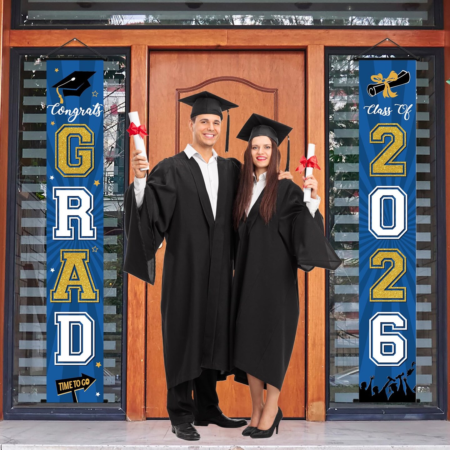 2026 Graduation Banner Class of 2026 Congrats Grad Porch Sign Party Decorations Supplies Welcome Hanging Door Decor for Indoor Outdoor(Blue and Gold)