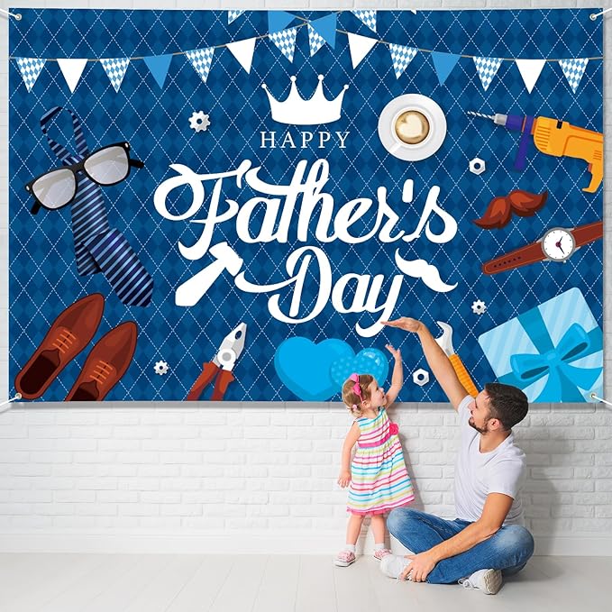 Large Fathers Day Banner Decorations 72" x 48" Happy Father's Day Backdrop Blue Bunting Gift Shoes Party Supplies Gifts Photography Background for Indoor Outdoor Garden,Yard,Home Decor