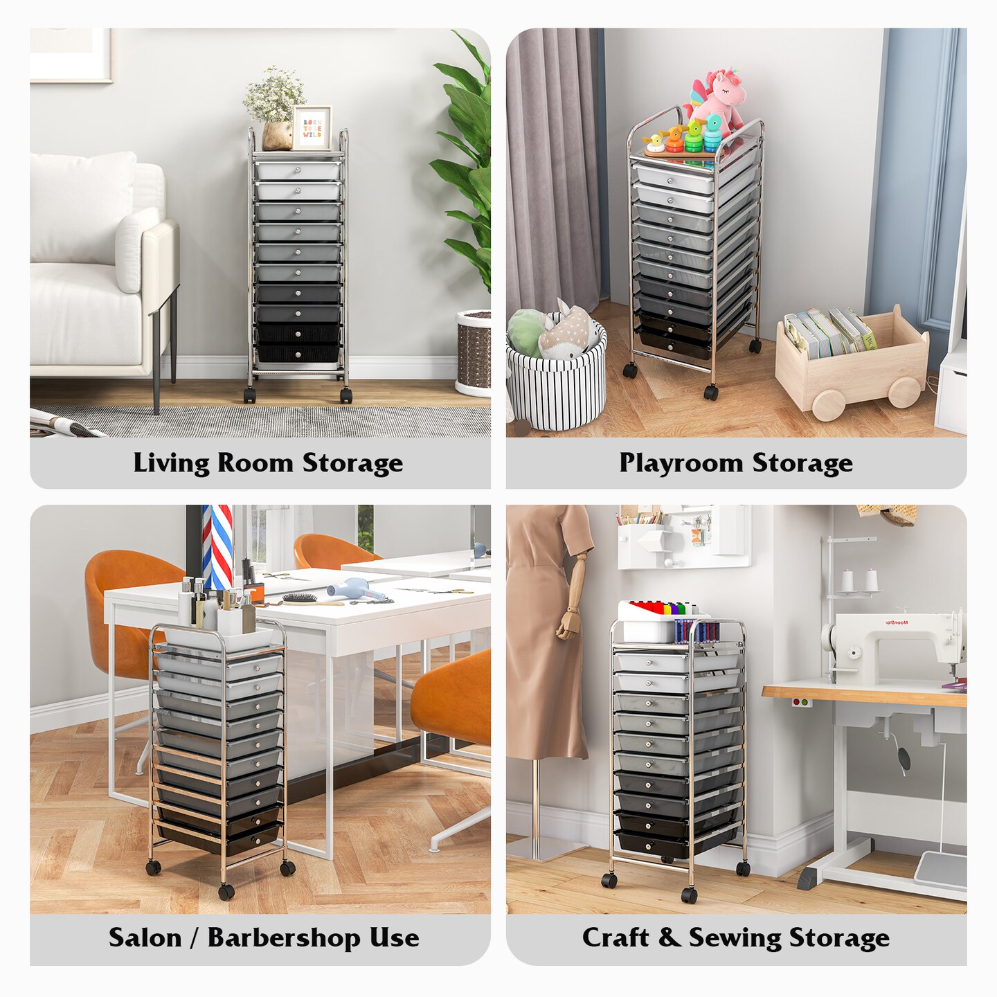 10 Drawer Rolling Storage Cart Organizer with Wheels Plastic Drawers Steel Frame Mobile Utility Cart for Home Office Craft Classroom Storage Use