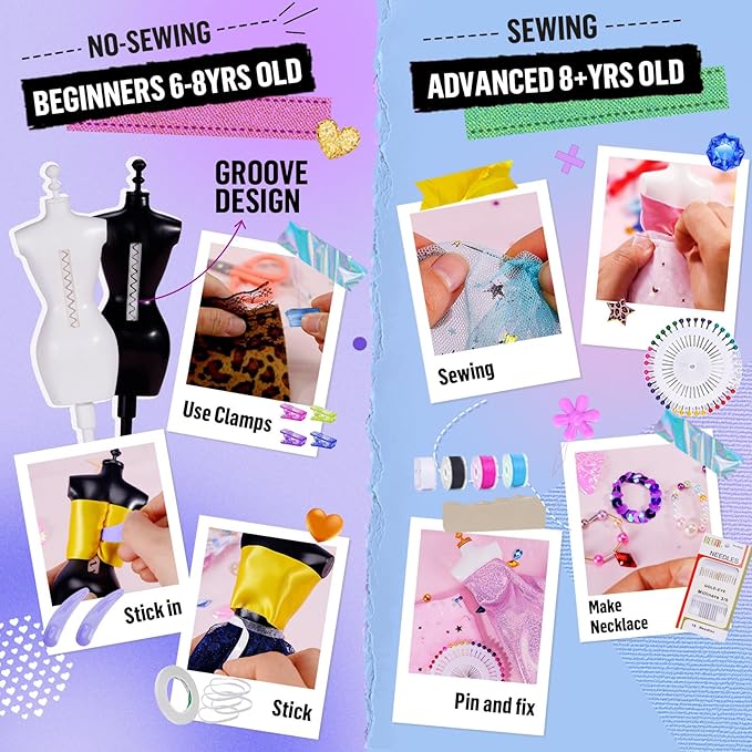 800+Pcs Fashion Designer Kits for Girls with 6 Mannequins - Girls Fashion Design Craft Kit, Sewing Kit for Kid 8-12, Birthday Gifts for Teens Girl 6 7 8 9 10 11 12