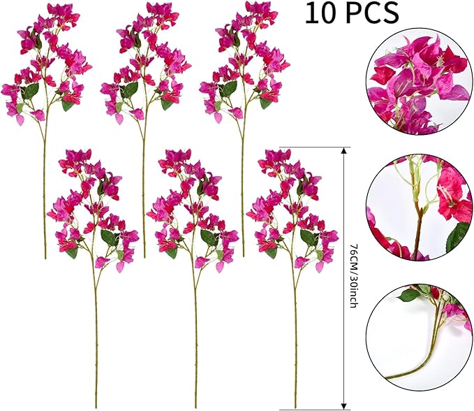 30 Inch Silk Bougainvillea Artificial Flowers,UV Resistant,Pack of 10 pcs, 30 Branch, Faux Flower Stems,Fake Bougainvillea Vines, Using for Wedding & Porch & Home & Party & Garden Decor(Purple Red)