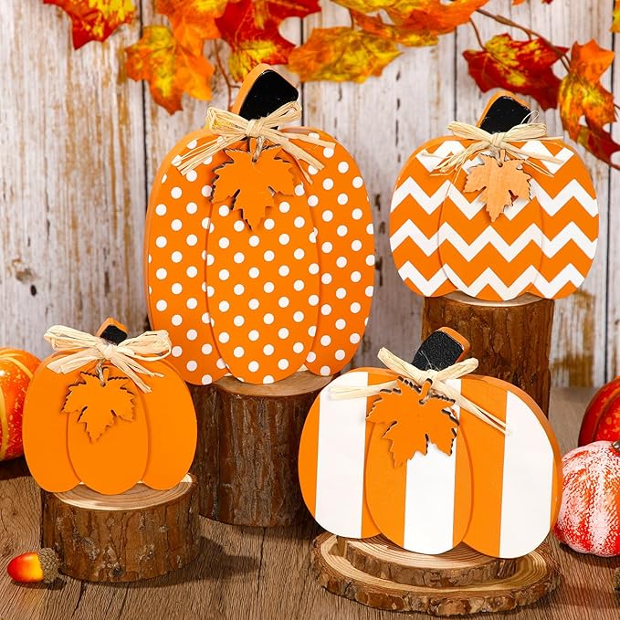 4 Pcs Thanksgiving Wooden Pumpkin Decor 3D Pumpkin Tabletop Signs Farmhouse Thanksgiving Fall Standing Table Centerpieces Rustic Tiered Tray Decor for Home Kitchen Party(Orange and White)