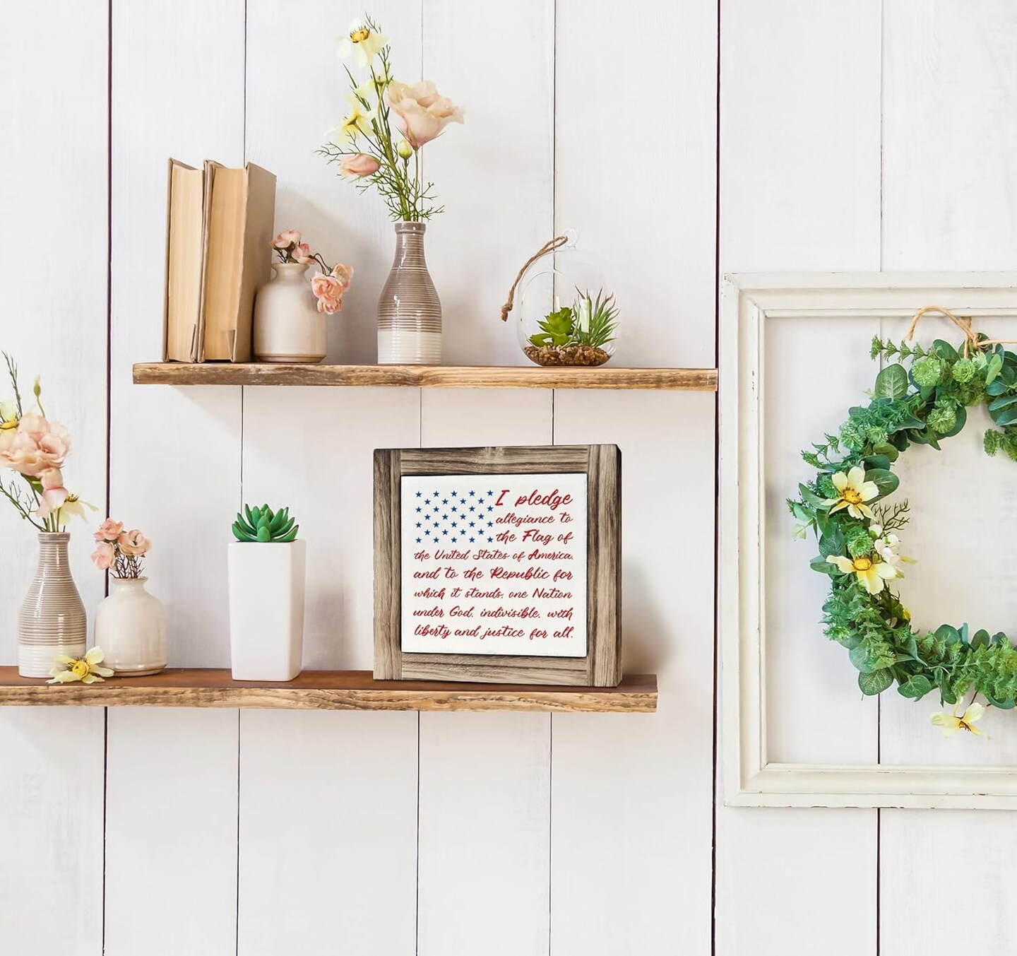 Americana Patriotic Wooden Sign Wall Decor, American Flag Pledge of Allegiance Plaque, Rustic Farmhouse USA Wall Art, 4th of July Independence Day Memorial Day Decorations for Home Office Living Room, Patriotic Gift Idea