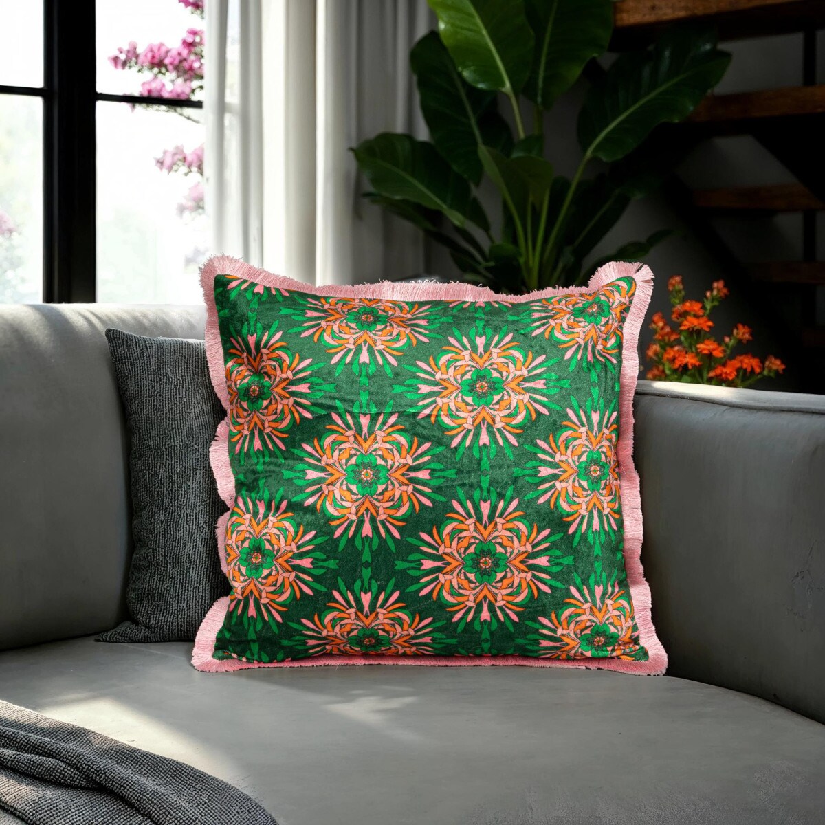 Hello Honey Cotton Blend Velvet Printed Pillow with Floral Pattern and Eyelash Fringe, Green, Pink and Orange
