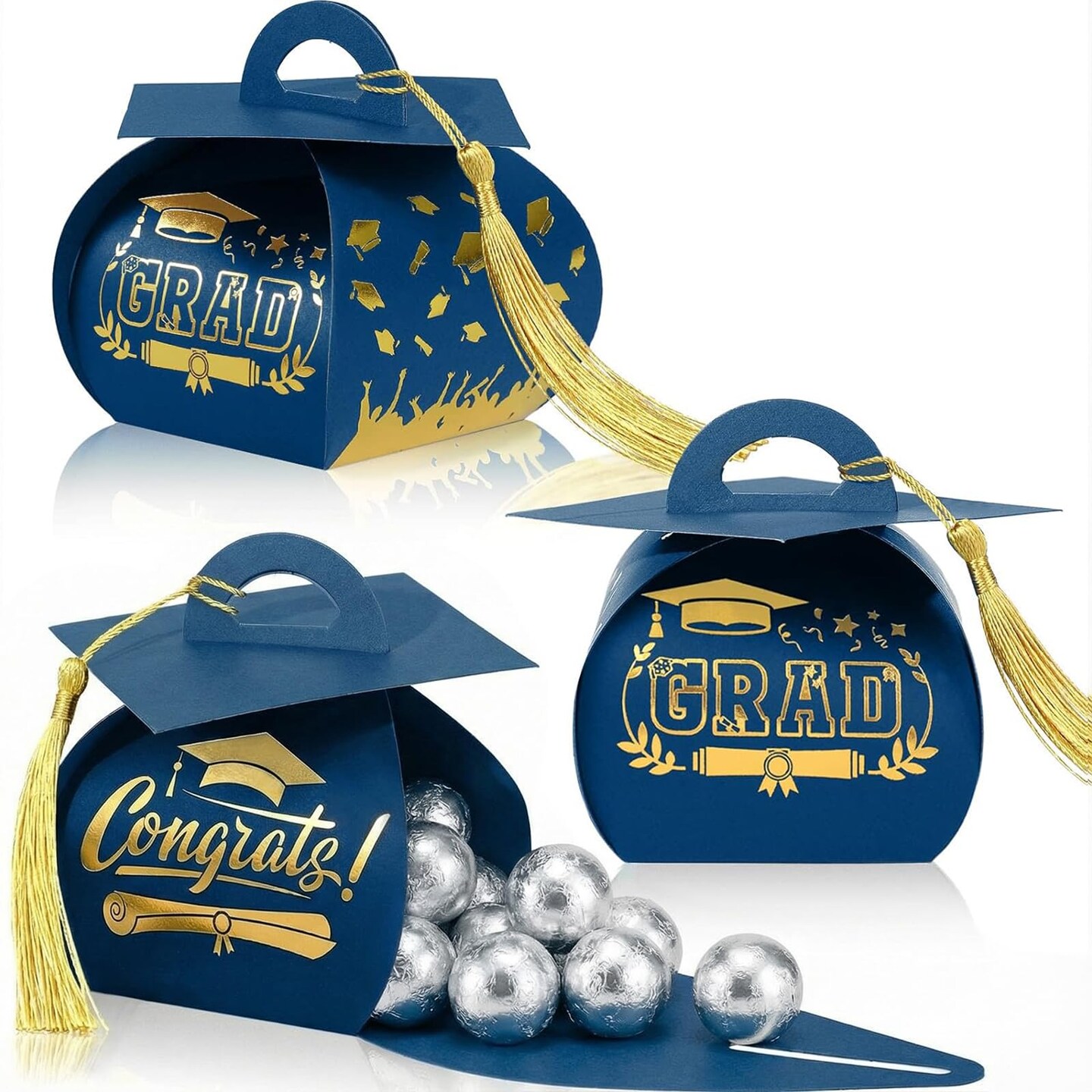 30 Pcs Graduation Cap Gift Box Graduation Party Favors Candy Boxes Treat Box with Tassel Table Centerpieces Class of 2026 Grad Decorations(Blue, Gold)