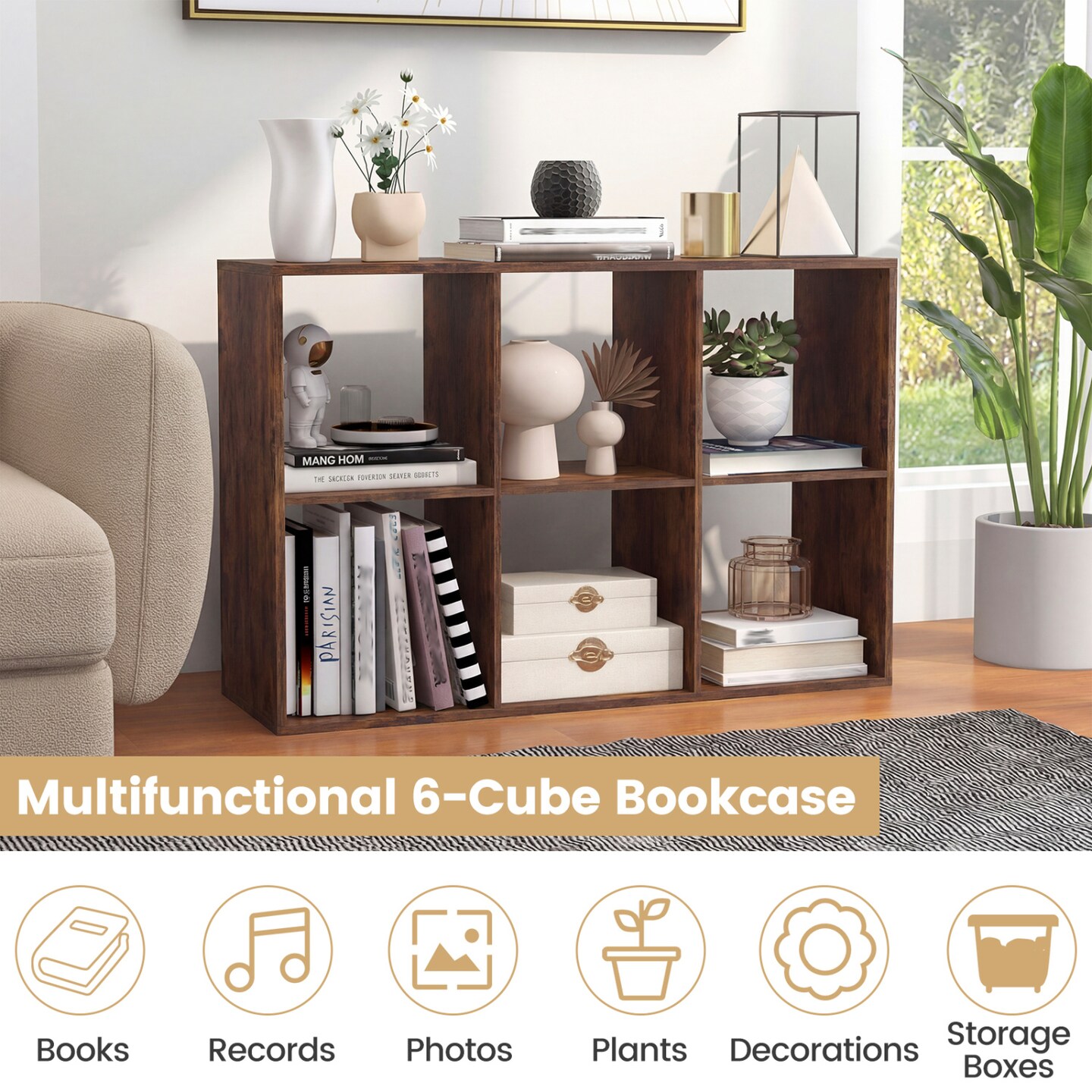 Freestanding Cube Storage Shelf Organizer Engineered Wood Bookcase with Open Compartments and Wide Tabletop for Home Office