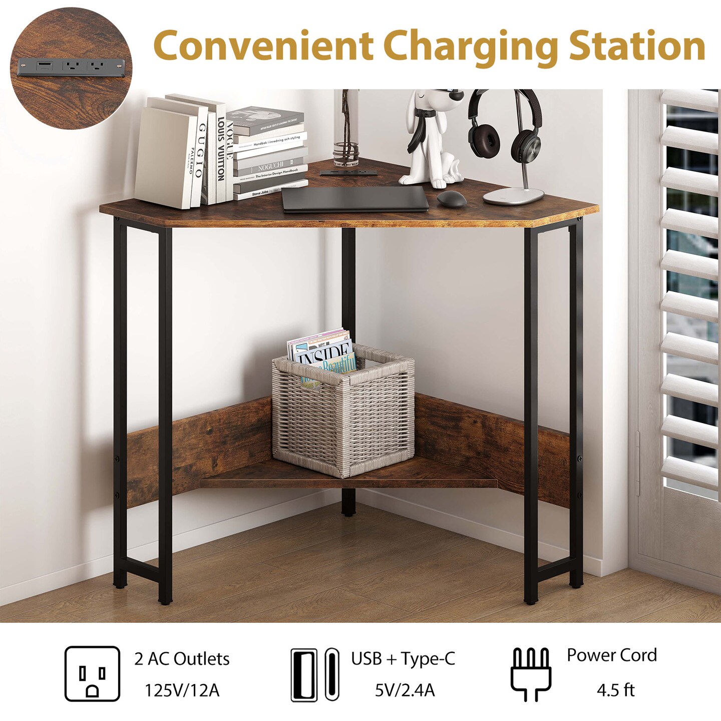 Costway Triangle Computer Desk Corner Desk Home Office with Power Outlets USB Ports Black/Rustic