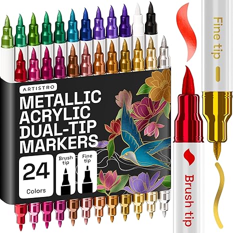 24 Metallic Acrylic Paint Markers Set, Dual Tip Paint Pens (Brush + Fine Tip) for Rock Painting, Fabric, Glass, Wood, Canvas, Ceramic & DIY Crafts – Art Supplies for Kids, Teens & Adults