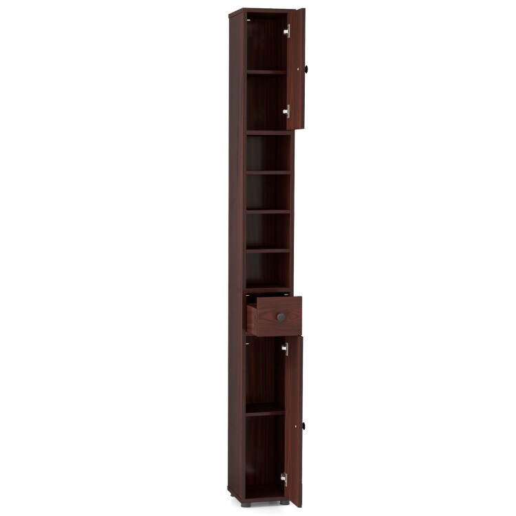Freestanding Tall Storage Cabinet with Open Shelves Drawer and Double Door Organizer for Compact Spaces