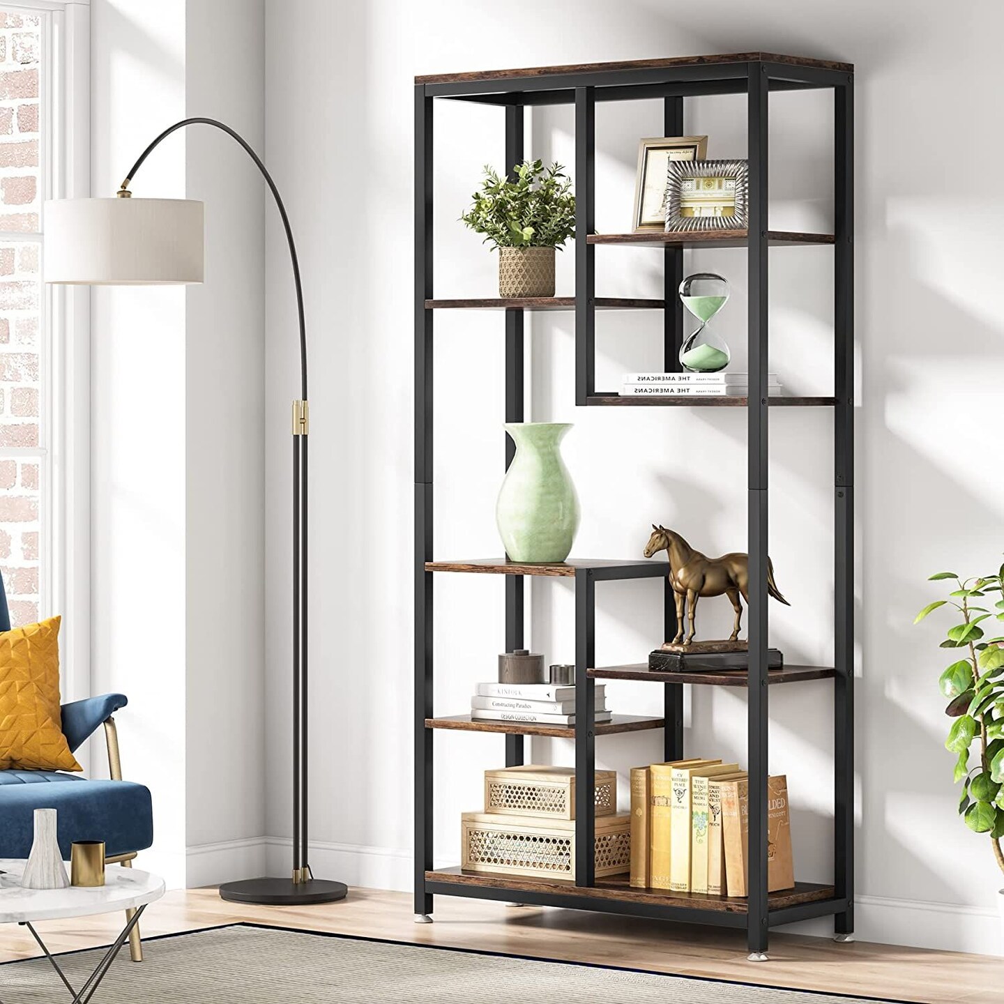 Industrial 8 Tier Bookshelf Rustic Brown Black Wood Metal Bookcase Storage Display Shelf Freestanding Organizer