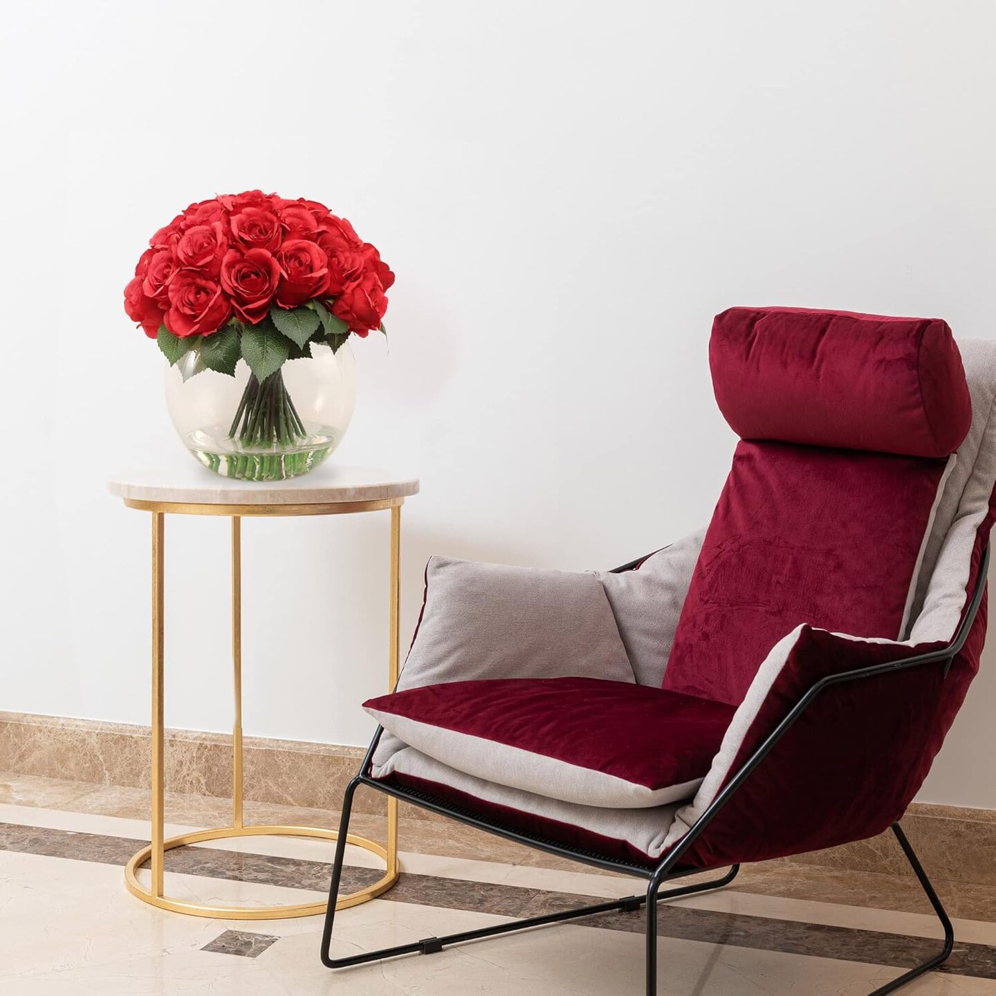 Red Rose Arrangement in Faux Water Look Glass Vase, Floral Home by Artificial Flowers