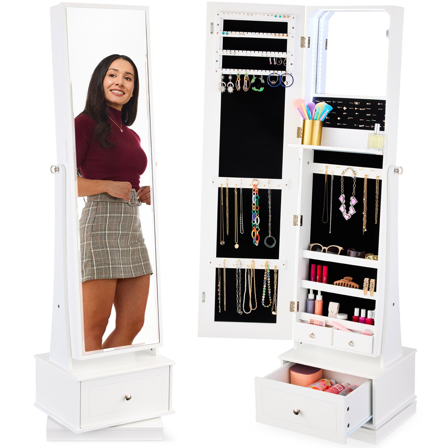 Best Choice Products 360 Swivel Standing Mirrored Jewelry Cabinet, LED-Lit Makeup Organizer w/ Mirror