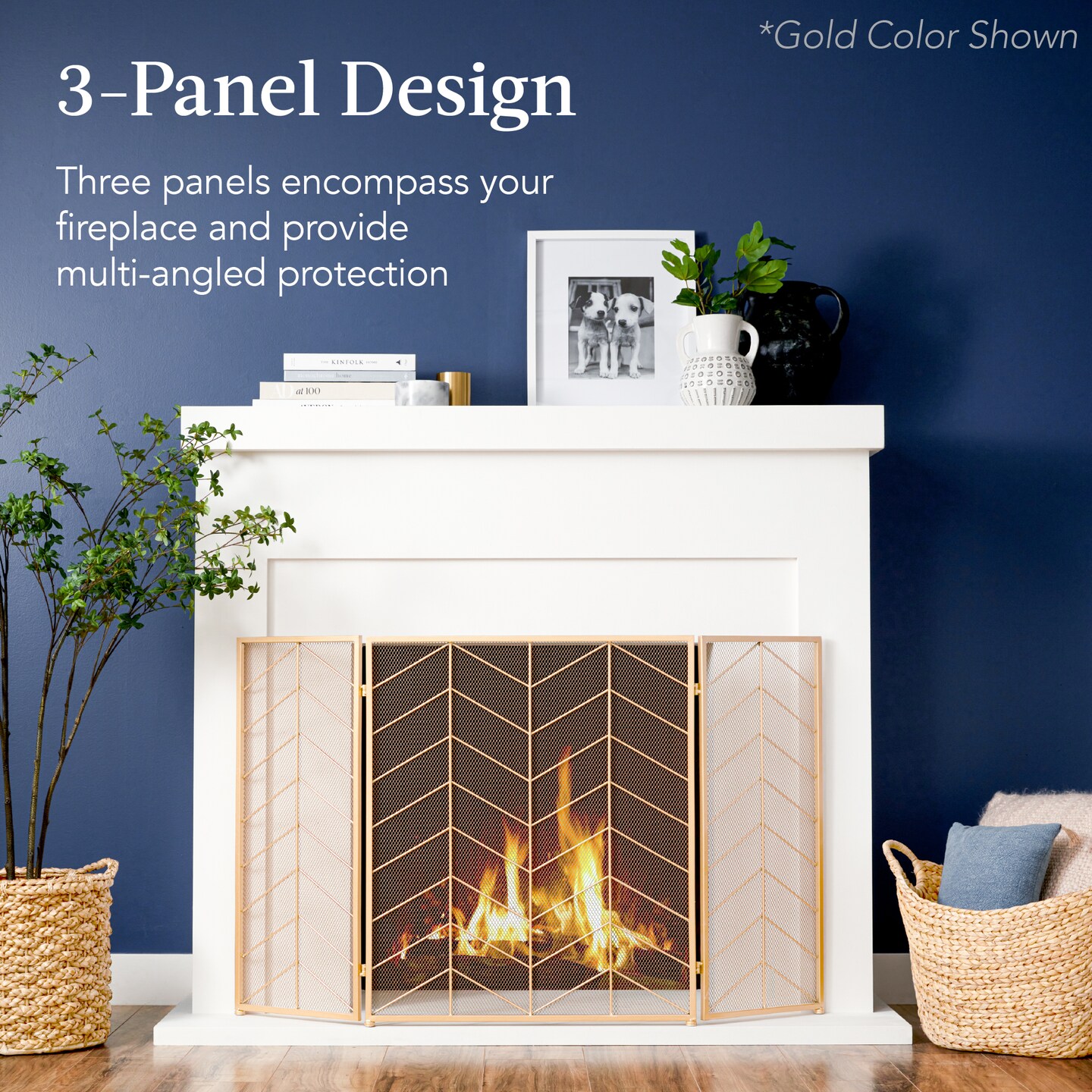 Best Choice Products 52x31in 3-Panel Iron Chevron Fireplace Screen, Spark Guard w/ Handles