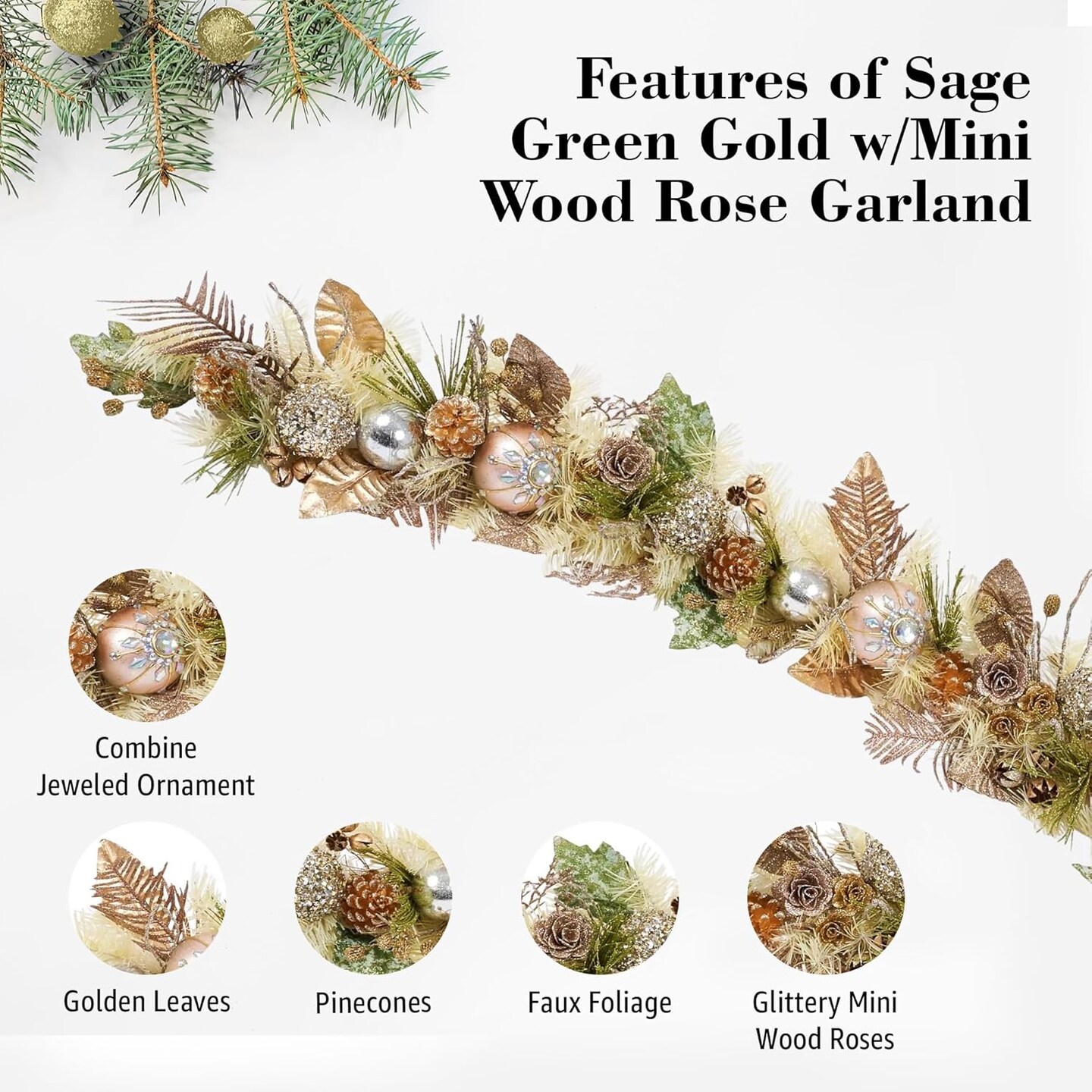 Sage Green Gold with Mini Wood Rose Garland - Handcrafted Holiday Elegance - Holiday Tree