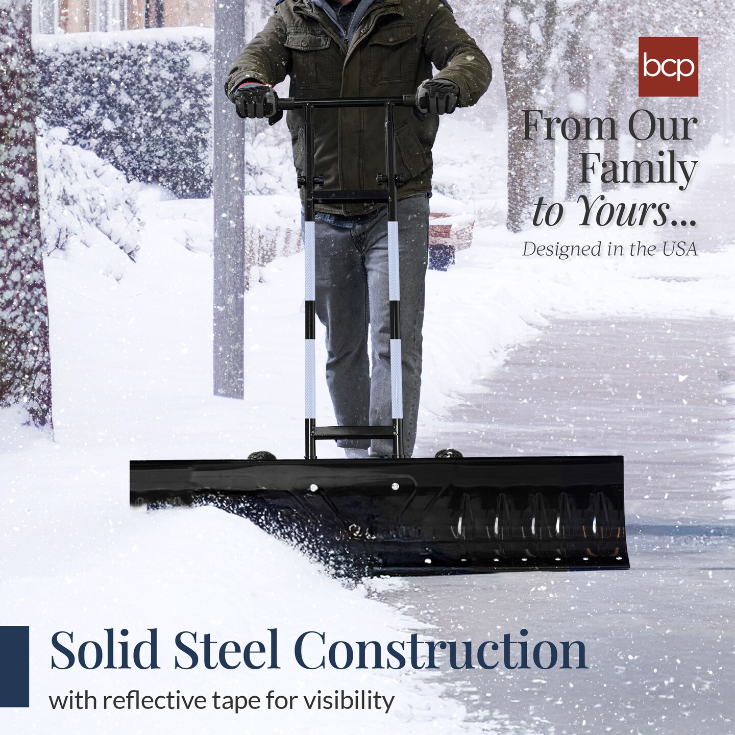 Best Choice Products 48in Hand Snow Pusher w/ 2 Wheels, Adjustable Handle, Blade Angle, Reflective Tape