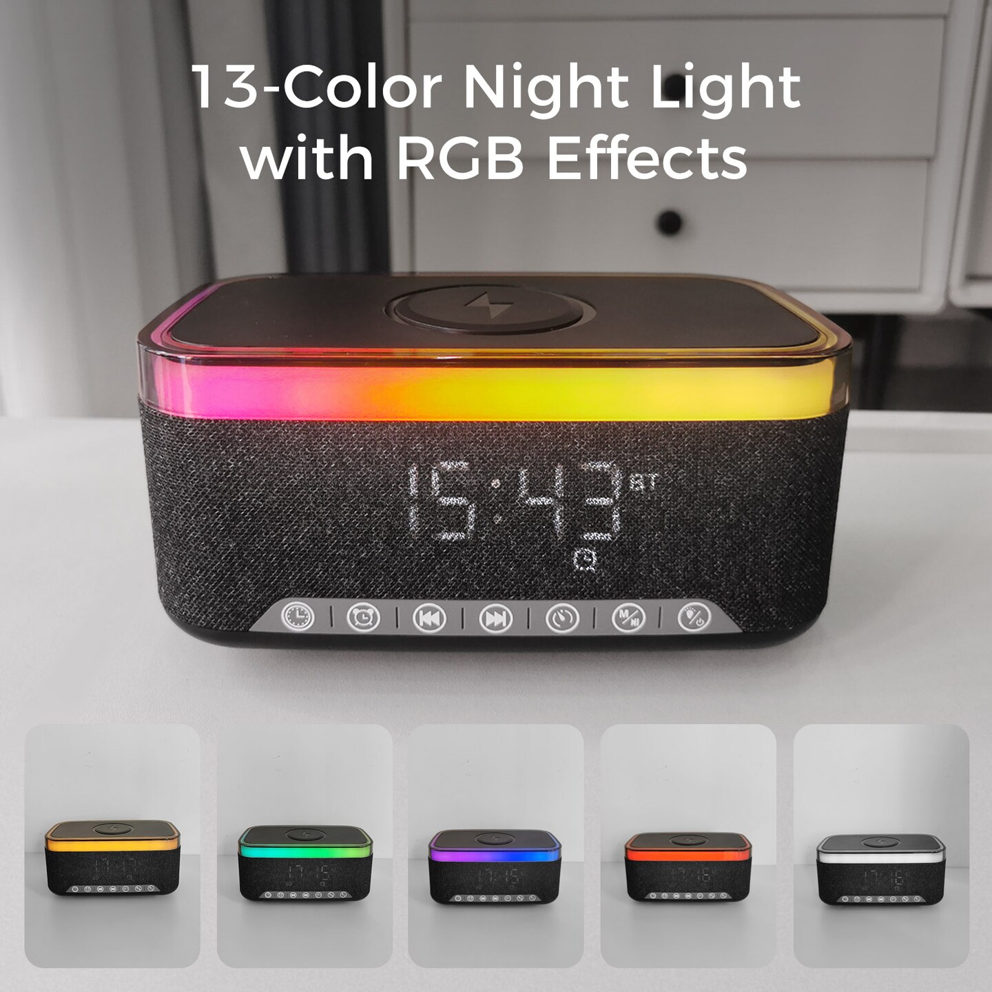 Bluetooth Speaker Alarm Clock w/ 15W Fast Wireless Charging, 13 Night Light modes, Rechargeable Battery, 10W Stereo Speaker, 12/24H Digital Clock, Sleep Timer, White Noise Mode, USB Drive