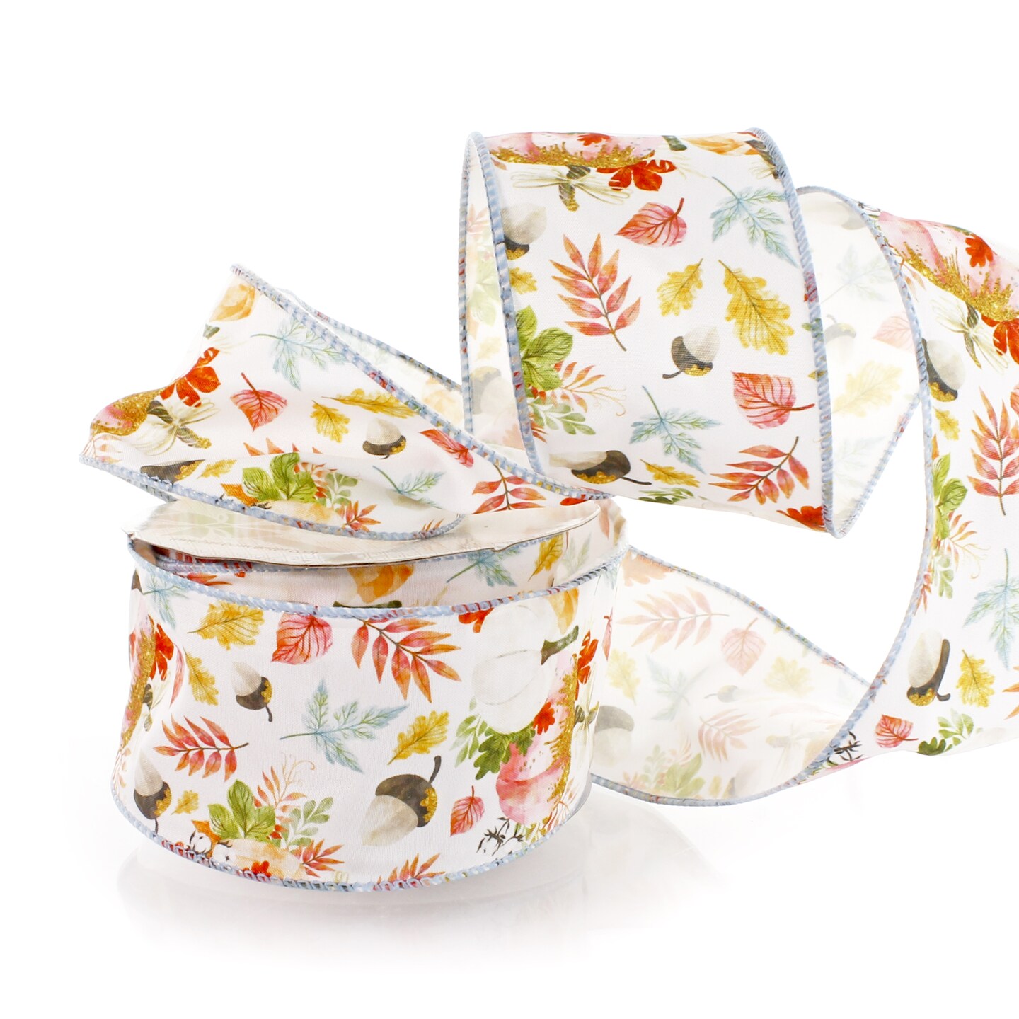 2 1/2" Wired Ribbon Fall Pastel Pumpkins, Foliage, and Acorns 25 Yards