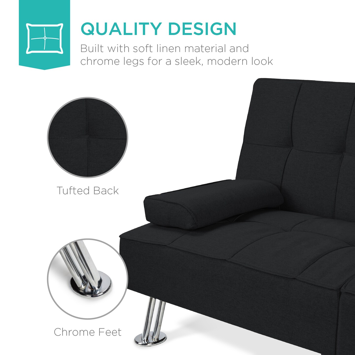 Best Choice Products Modern Linen Convertible Futon Sofa Bed w/ Removable Armrests, Metal Legs, Cupholders