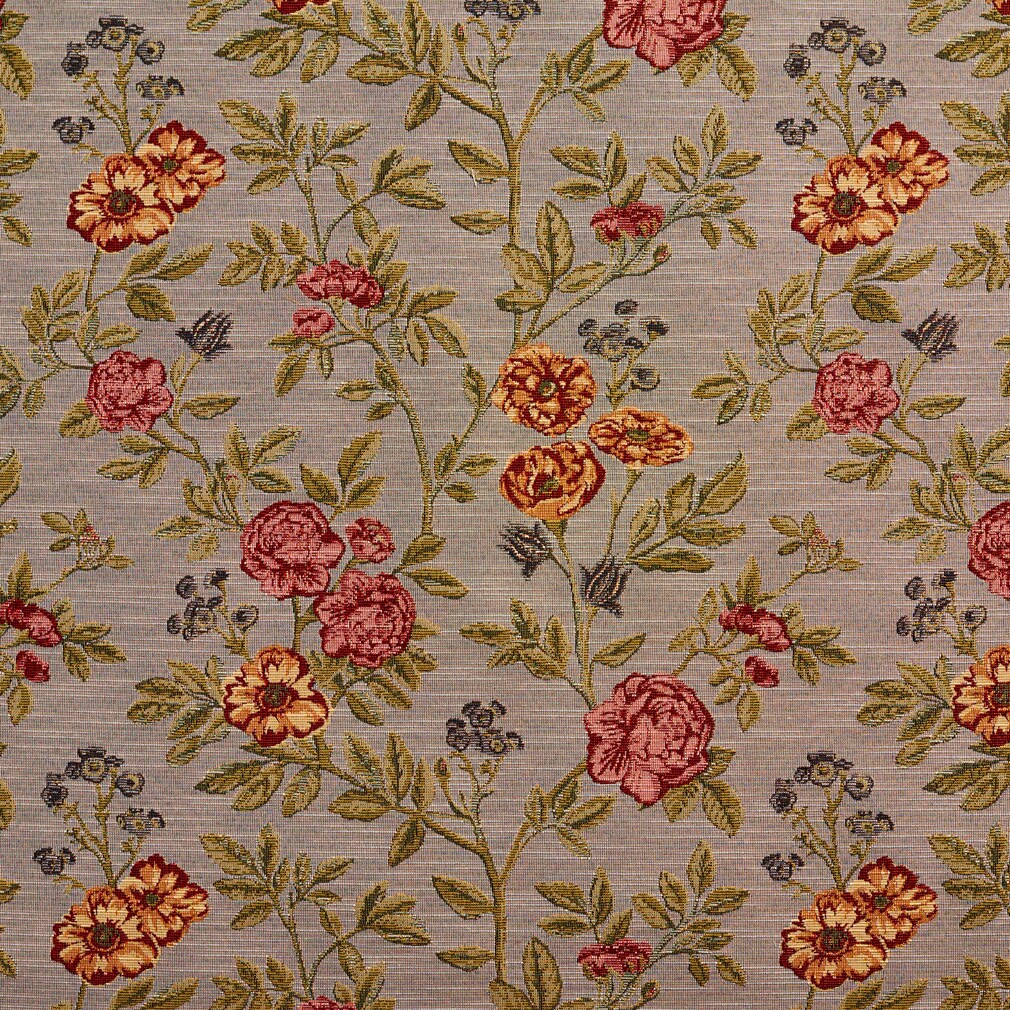 Heather Bouquet - Blue,Orange & Rust,Pink Floral Upholstery Fabric 54 Inches"