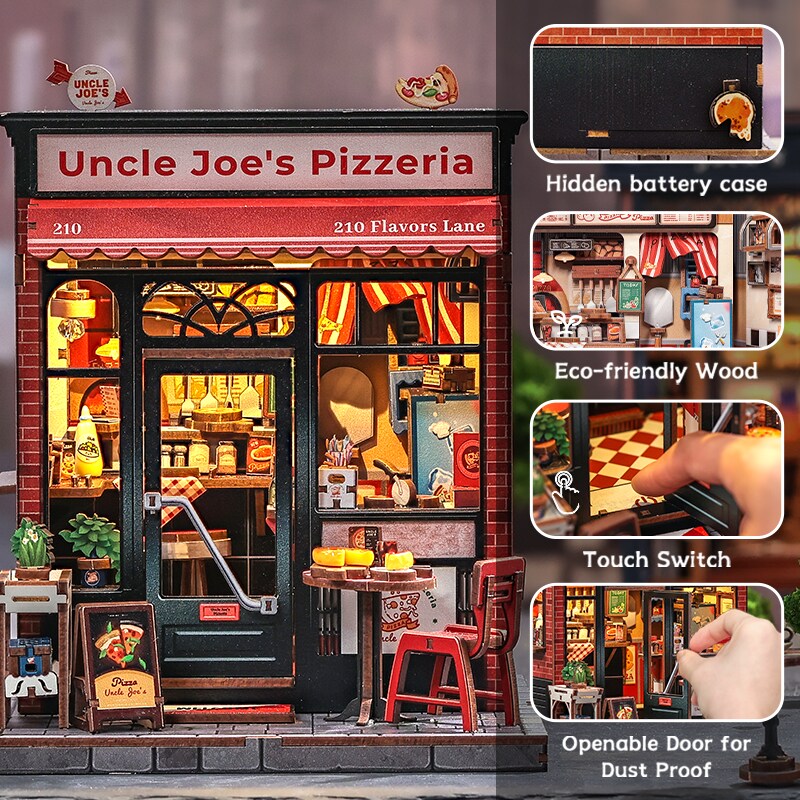Uncle Joe&#x27;s Pizzeria Dollhouse Kit - Miniature Wizardi Roombox Kit with LED Light F07M51-92-CWGC210