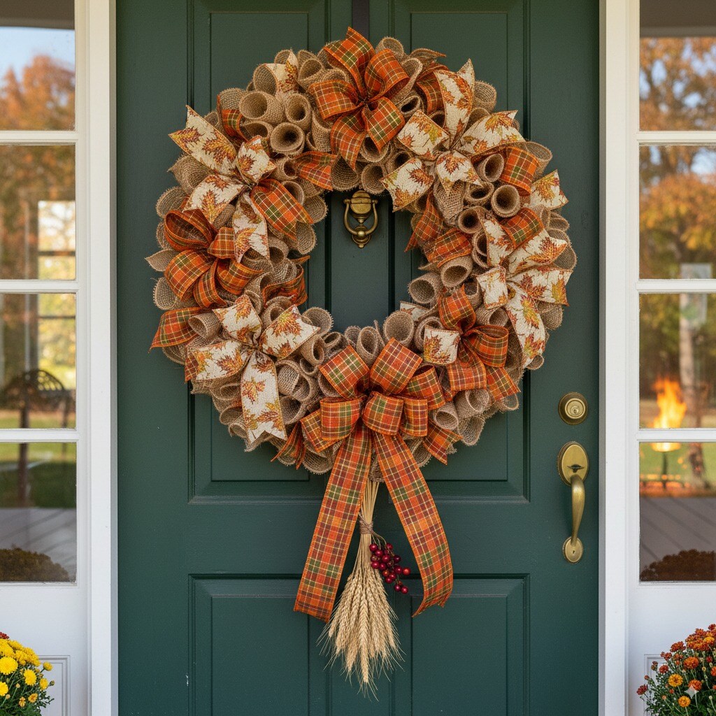 2 1/2&#x22; Wired Ribbon Fall Leaves on Natural Burlap 10 Yards