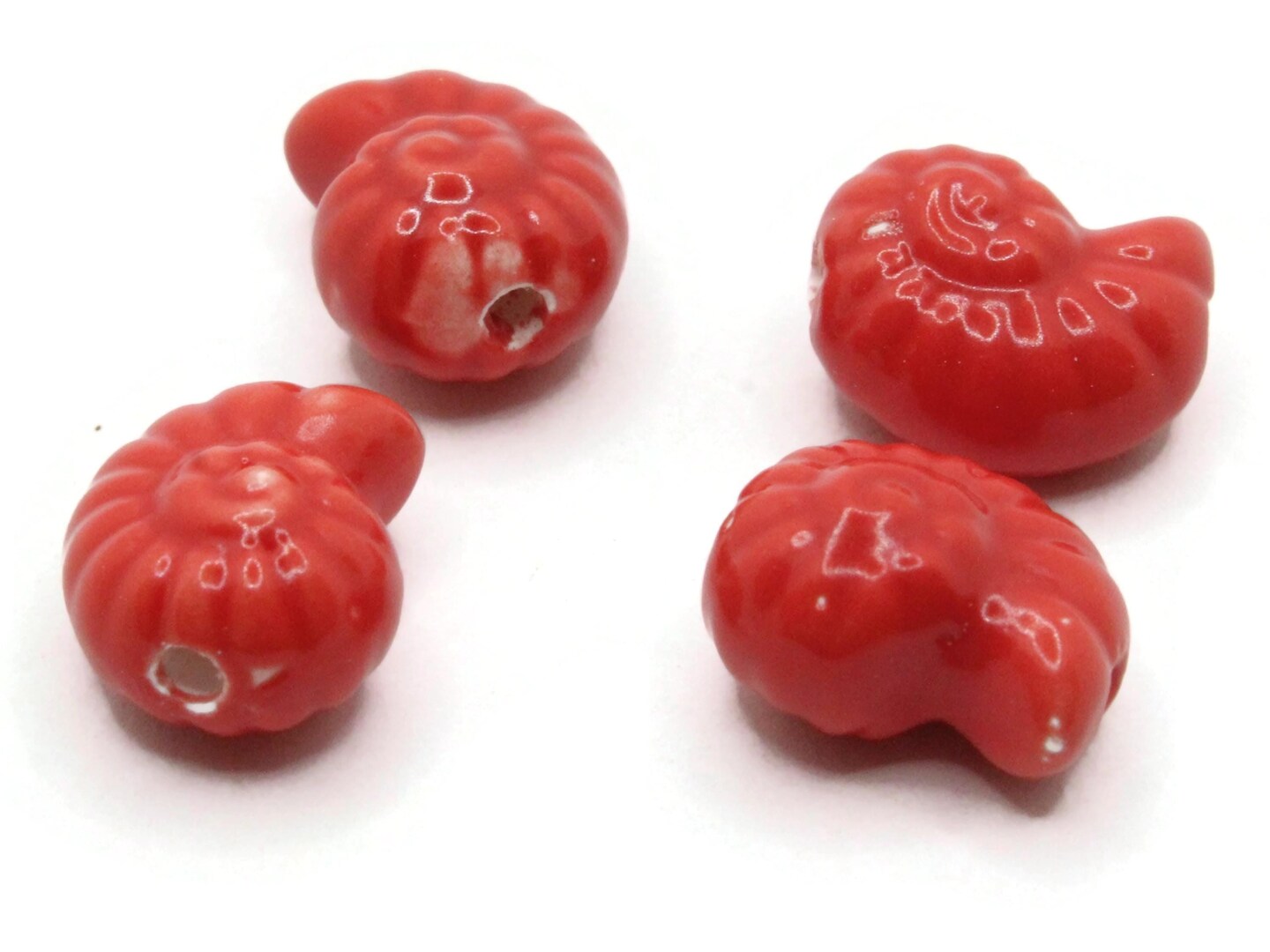 4 14mm Spiral Shell Red Porcelain Glass Beads