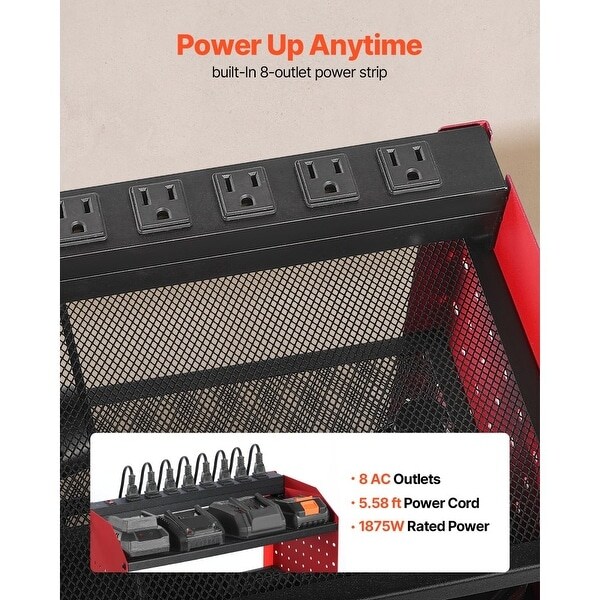 3-Tier Wall Hanging Tool Rack with Built-In 8-Outlet Power Strip and Adjustable Middle Shelf