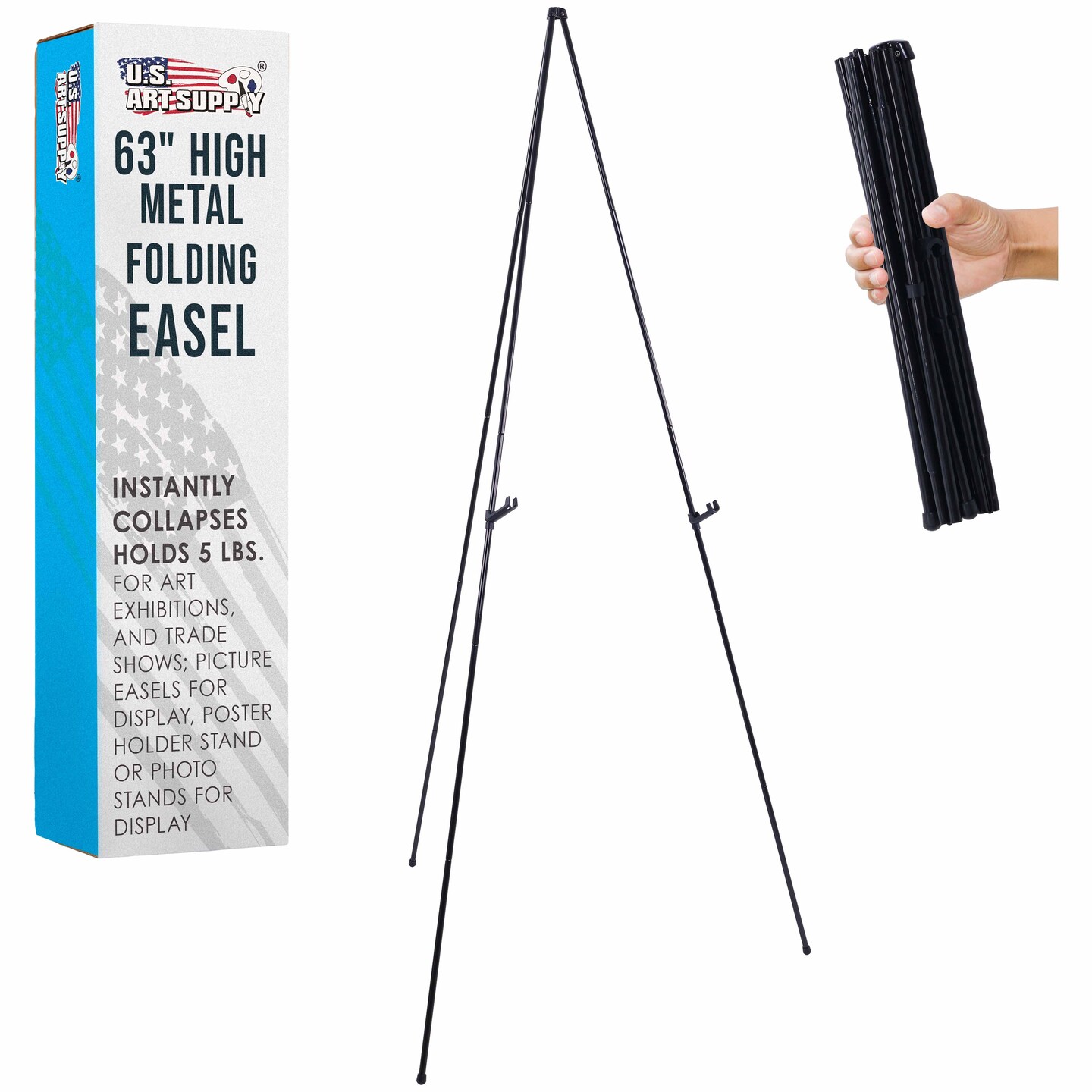 U.S. Art Supply 63&#x22; High Metal Folding Display Easel - Adjustable Height, Instantly Collapses, Holds 5 lbs - Portable Art Easel Stand - For Sign, Poster, Canvas, Painting, Picture Display