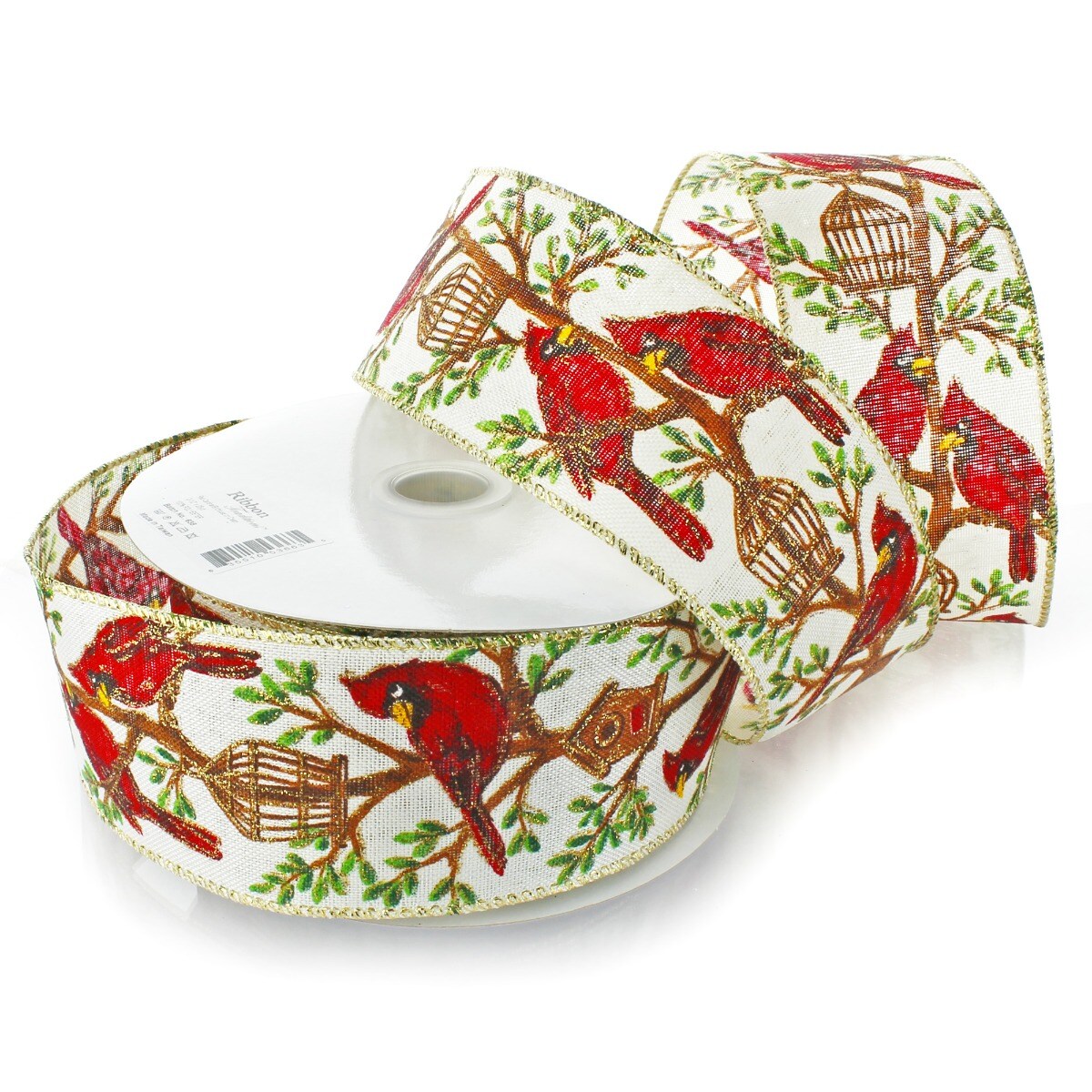 2 1/2" Wired Ribbon Red Cardinal Birdhouse on Cream - 25 Yards