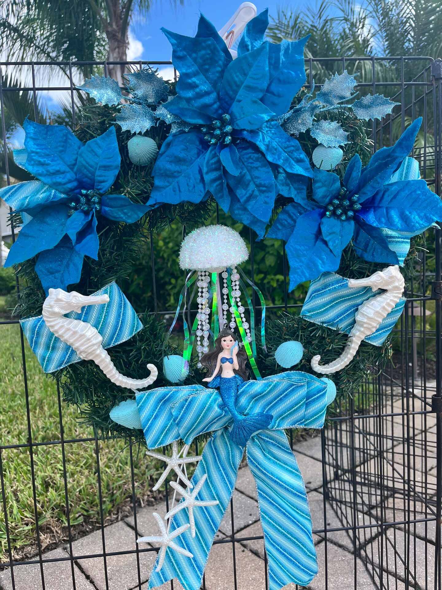 Mermaid Christmas Wreath; Seashell and Seahorse, Blue Poinsettias