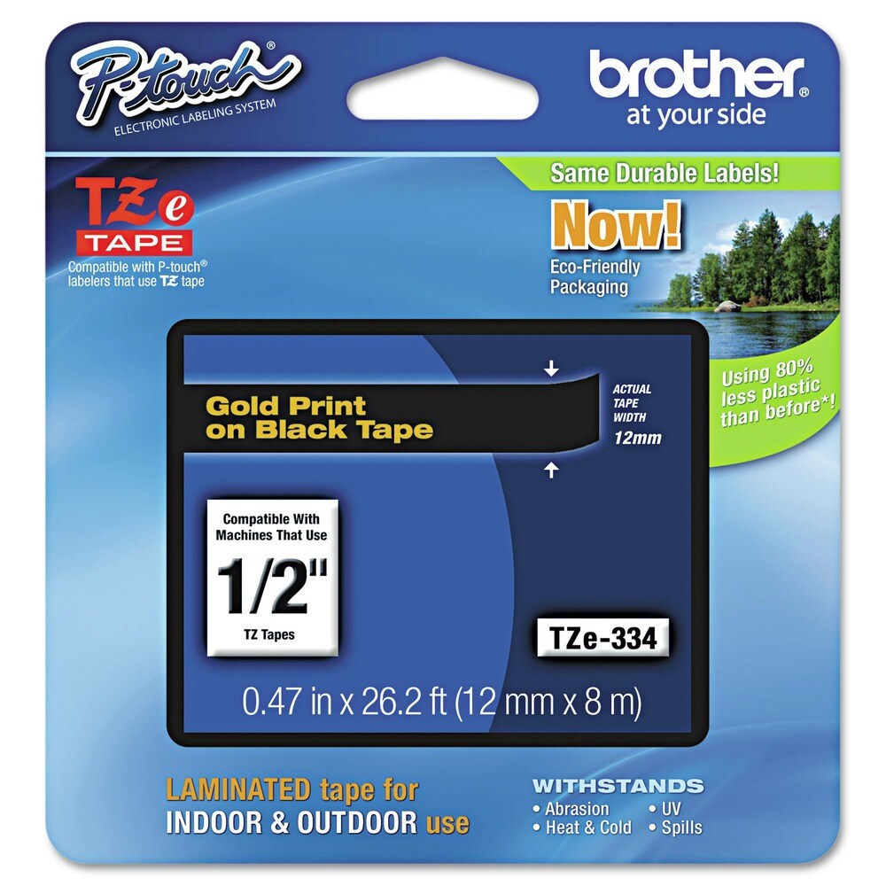 Brother P-Touch 0.47 in. x 26.2 ft. TZe Standard Adhesive Laminated Labeling Tape - Gold on Black