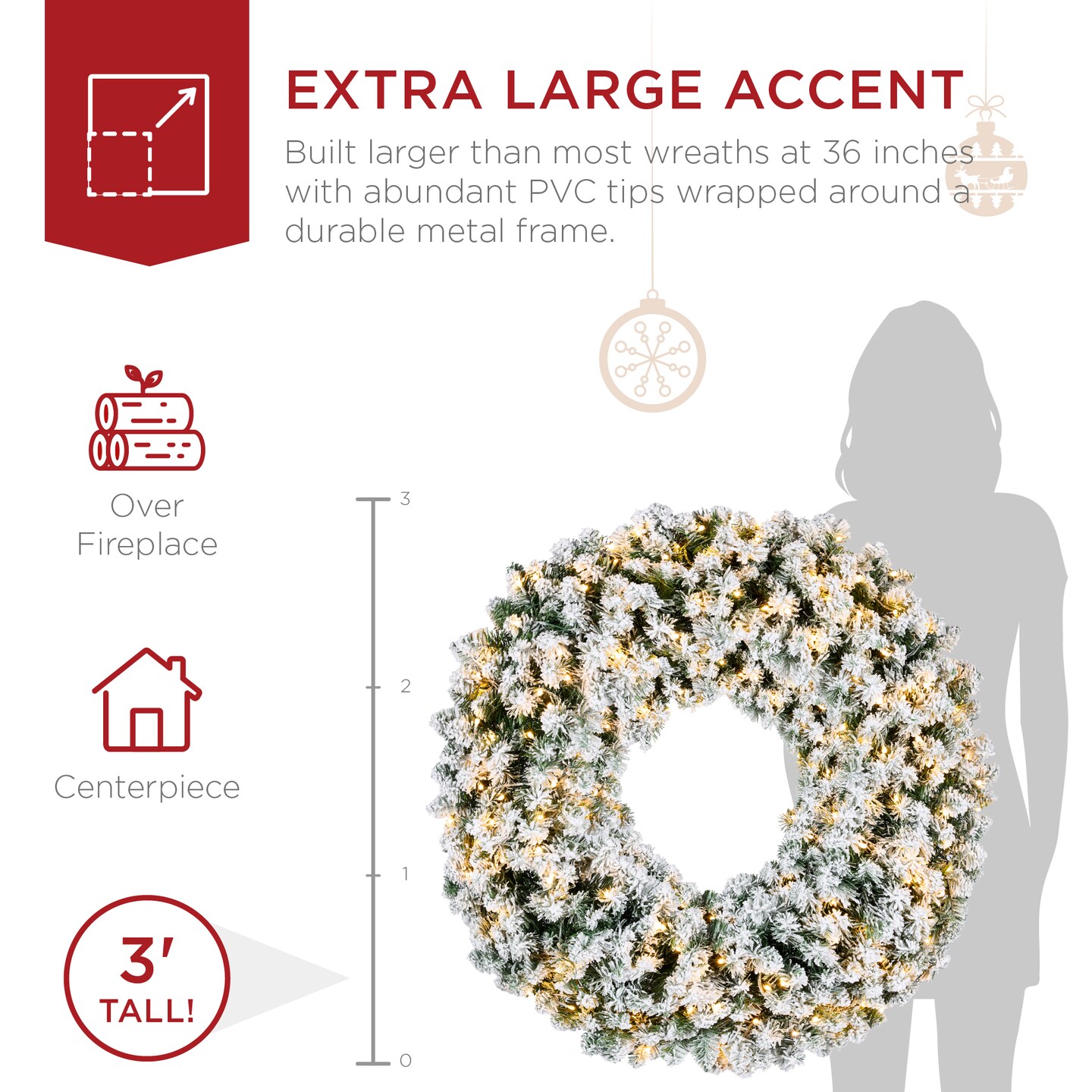Best Choice Products Artificial Pre-Lit Flocked Fir Christmas Wreath Decoration w/ 2-in-1 LED Lights