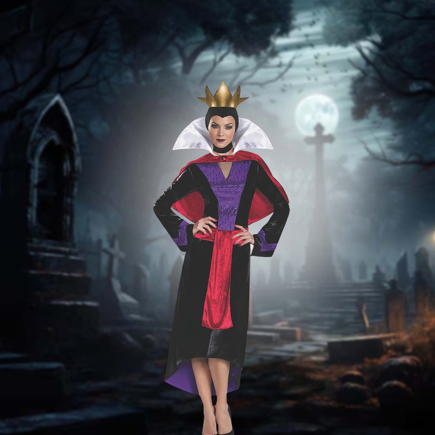 Womens Evil Queen Costume Black Red White Dress Cape Crown Adult Plus 18-20
