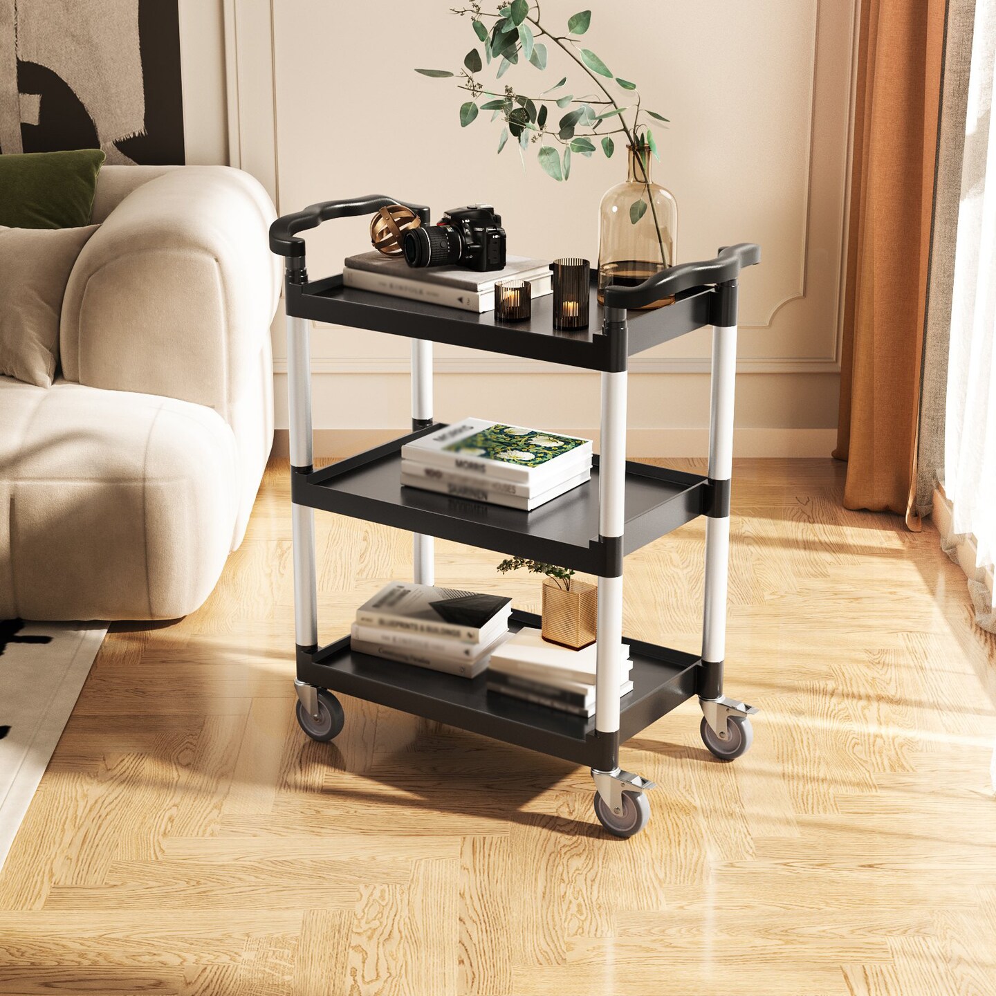 Black 2-Tier Utility Cart with 4 Swivel Casters Heavy-Duty Mobile Storage for Home and Garage