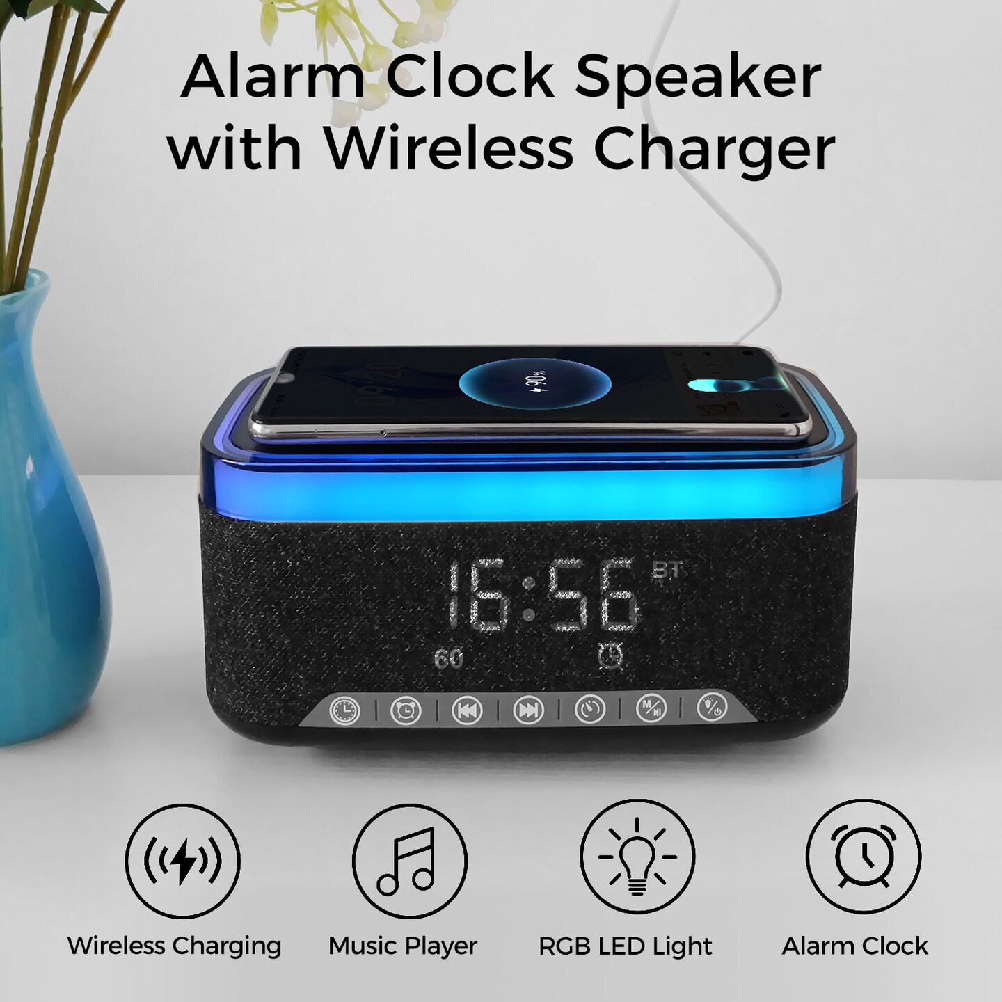 Bluetooth Speaker Alarm Clock w/ 15W Fast Wireless Charging, 13 Night Light modes, Rechargeable Battery, 10W Stereo Speaker, 12/24H Digital Clock, Sleep Timer, White Noise Mode, USB Drive