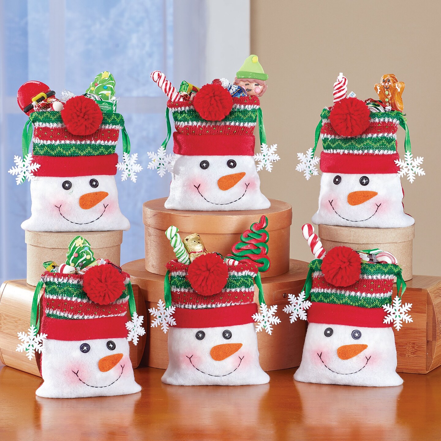 Collections Etc Holiday Snowman Treat Bags with Pom Pom Trim