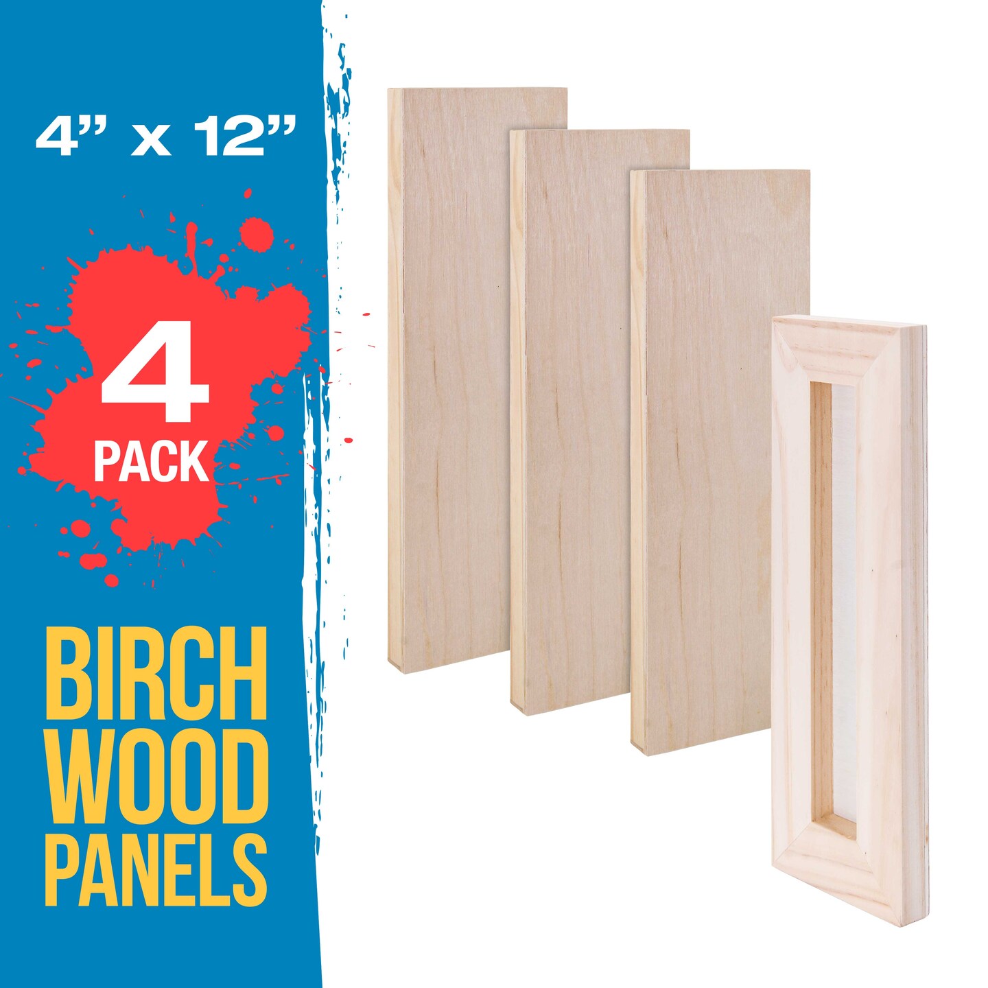 Unfinished Cradled Wood Panels for Painting, 4 Pack of 4x12 inch - Studio Birch Wooden Canvas Boards 3/4&#x22; Deep - Mixed-Media Craft, Acrylic, Oil, Encaustic, Paint Pouring Panel Board
