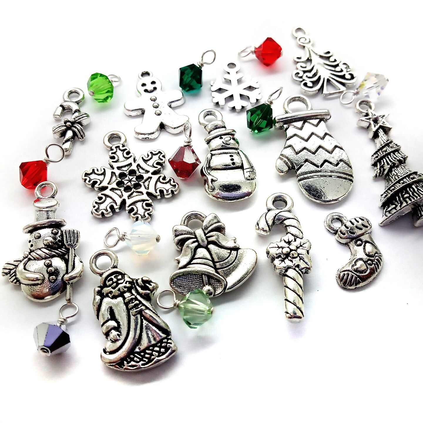 Christmas Charms, Metal Charms with Crystal Bead Dangles, 23 piece Assortment, Adorabilities