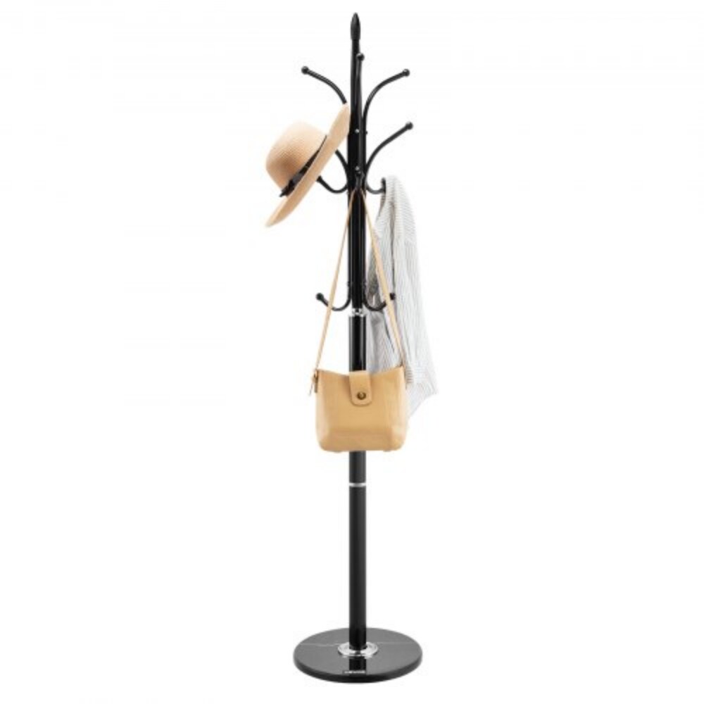 Black Freestanding Carbon Steel Coat Rack with Marble Base and 6 Hooks for Entryway Use