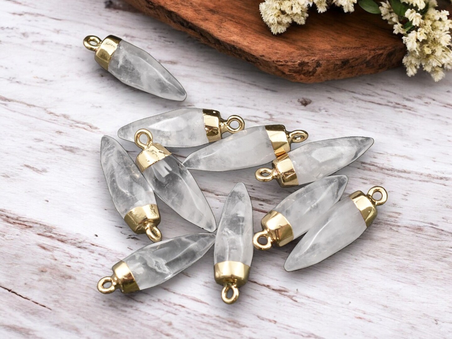 25-26mm Gold Tone Natural Quartz Crystal Pointed Bullet Pendant