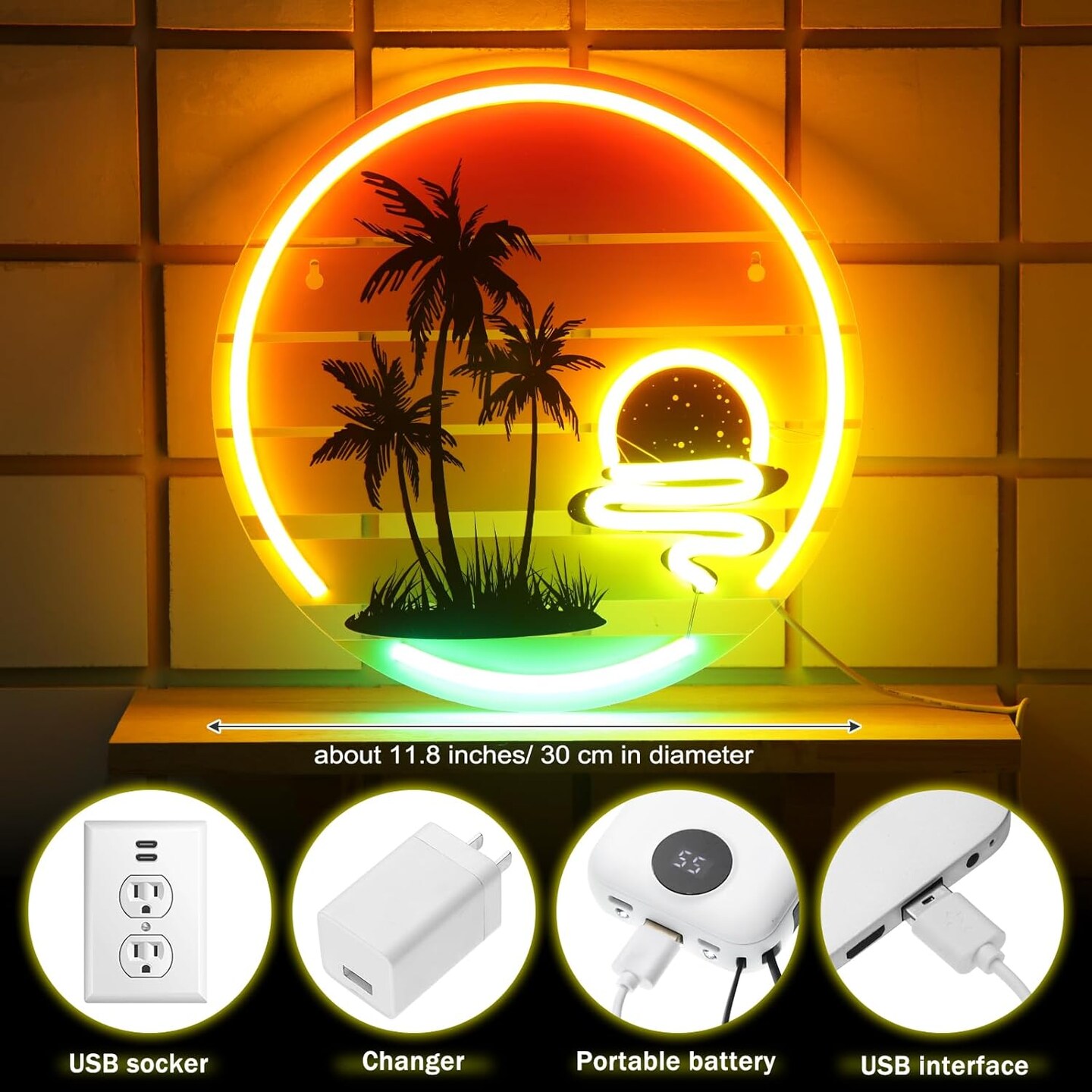 Summer Palm Tree Sunset Neon Sign – 11.8" LED Tropical Light for Bedroom, Bar & Party Decor