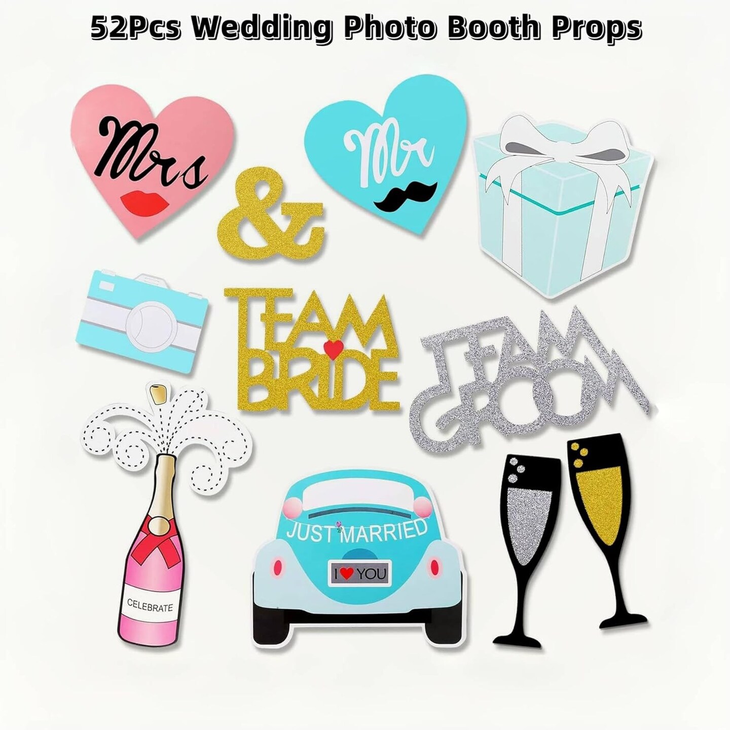 52Pcs Wedding Photo Booth Props - Gold Dust & Cute Props for Wedding Party Supplies