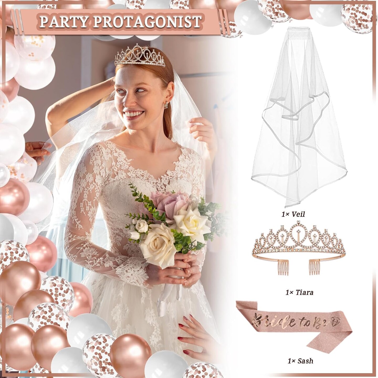 274 Pcs Rose Gold Bridal Shower Decorations, Bachelorette Party Decorations Favors - &#x22;BRIDE TO BE&#x22; Banner, Veil, Balloon, Photo Props, Tableware with Rose Gold for 25 Guests