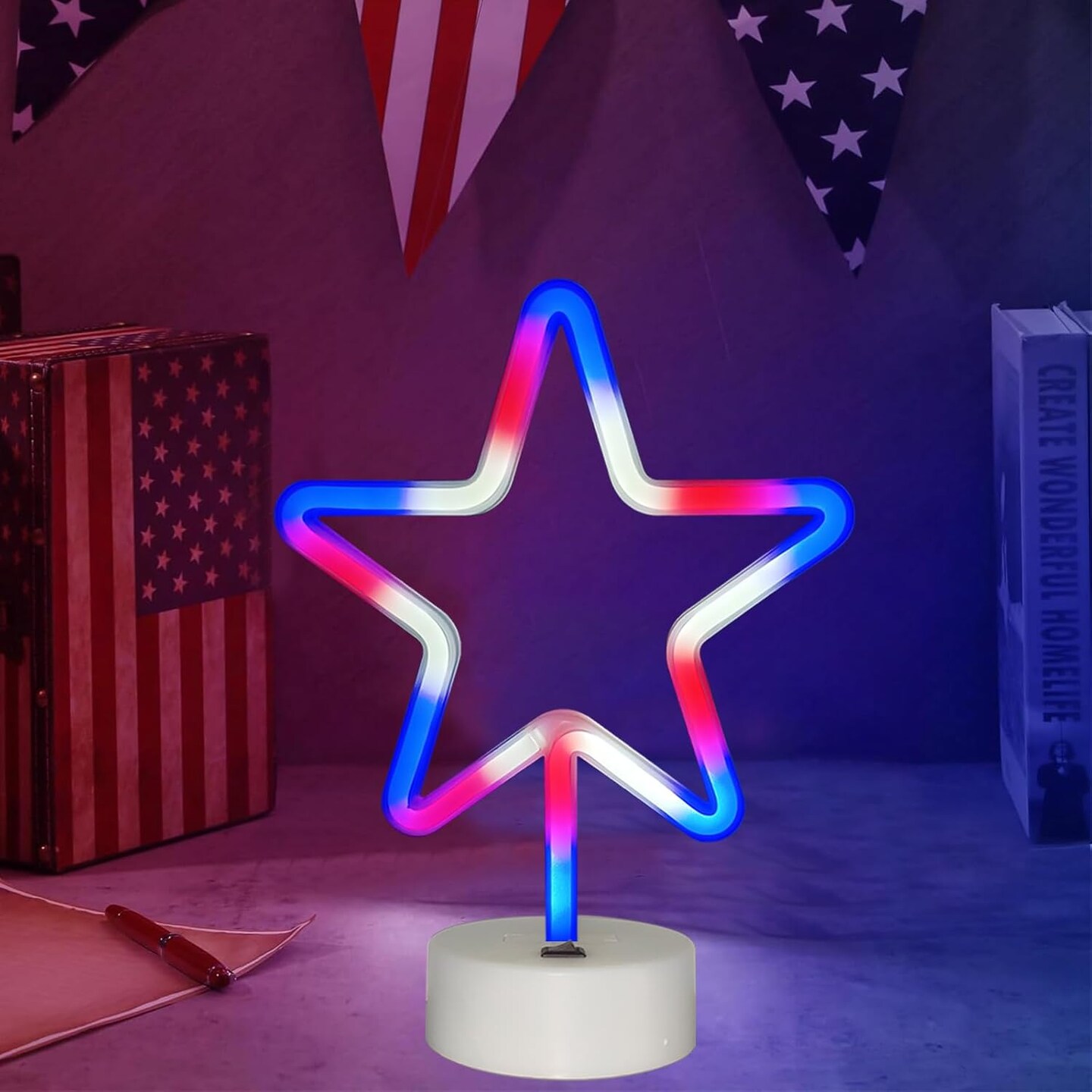 Summer Star Neon Lights – Red, White, and Blue LED Star Sign with Holder Base, USB or Battery Powered Table Light for Bedroom, Home Decor, and Summer Gatherings